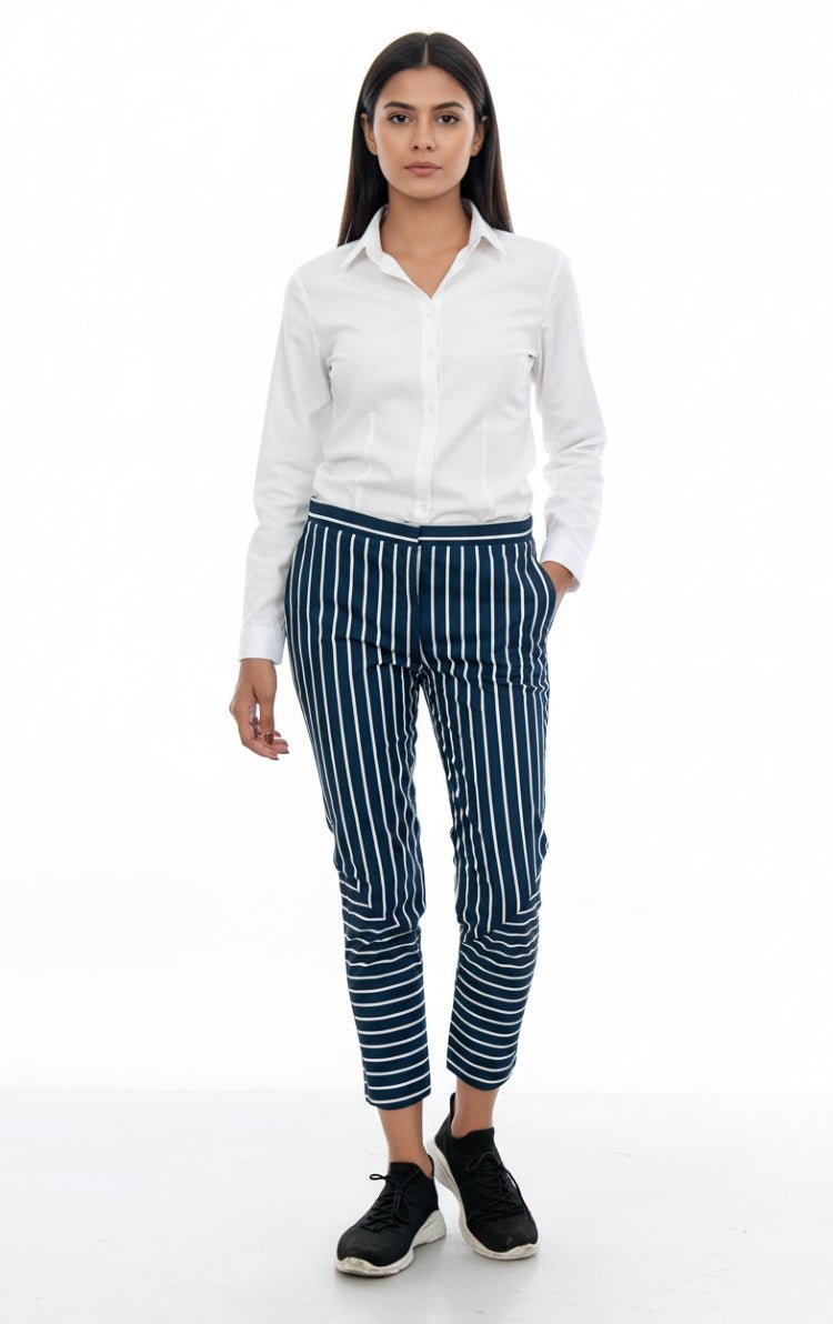 Navy Pinstripe Cotton Slim - Fit Trouser – Stylish & Modern – Womens Trousers on Brown Living™. SKU: L22006. Img 2.