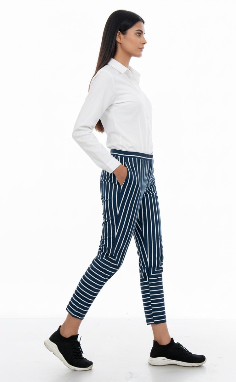 Navy Pinstripe Cotton Slim - Fit Trouser – Stylish & Modern – Womens Trousers on Brown Living™. SKU: L22006. Img 3.