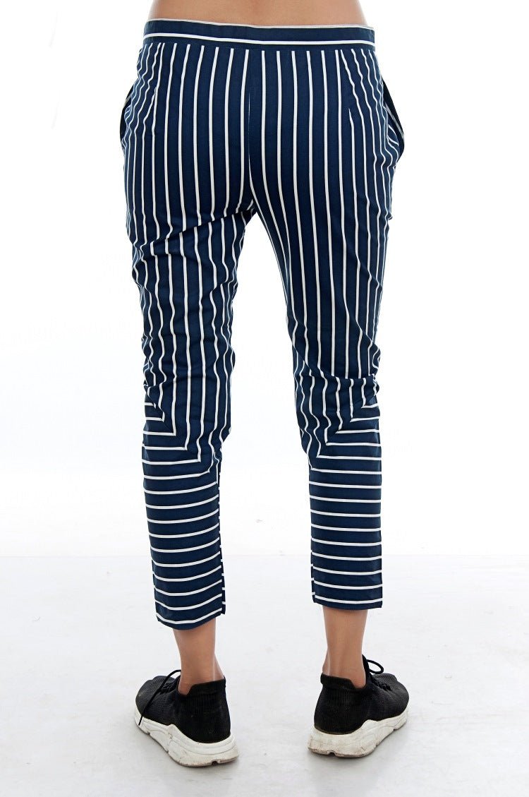 Navy Pinstripe Cotton Slim - Fit Trouser – Stylish & Modern – Womens Trousers on Brown Living™. SKU: L22006. Img 4.