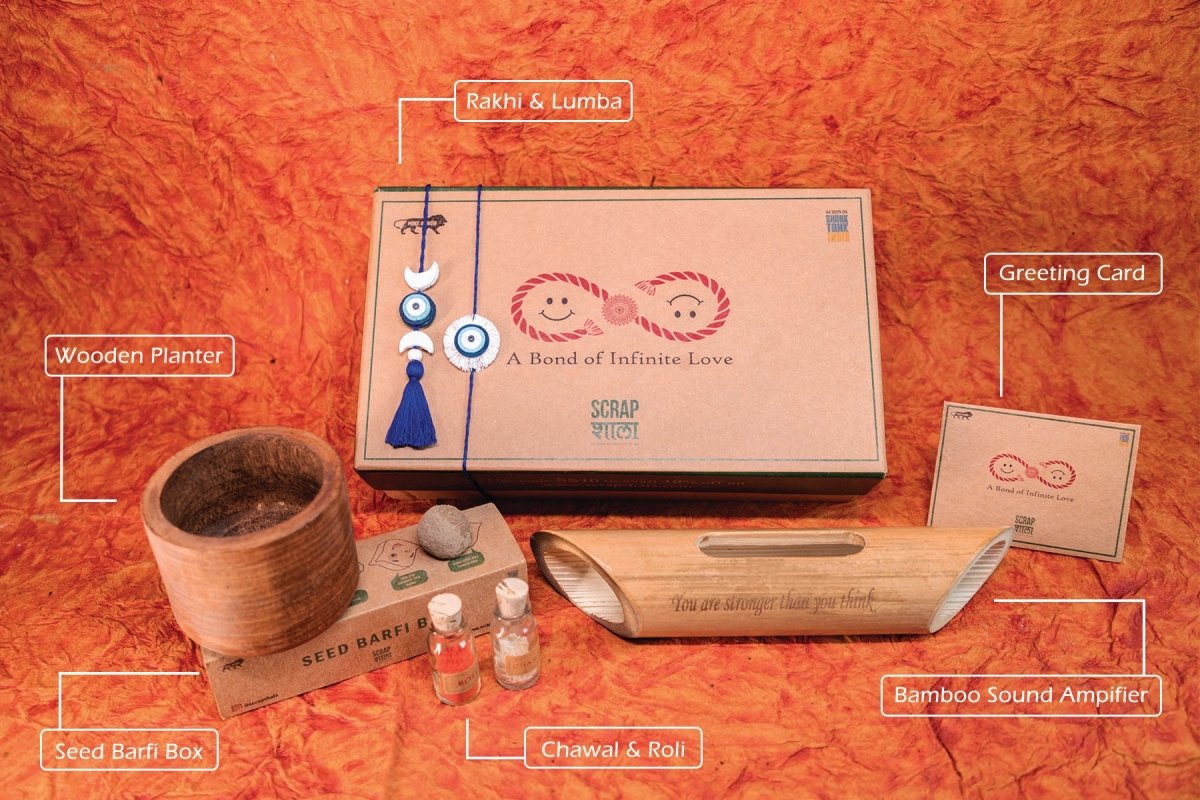 Nazarbattu Rakhi Gift Box | Rakhi and Lumba Set, Bamboo Speaker, Planting Material – Rakhi by Scrapshala available on Brown Living™. . SKU: SSR017. Img 5.