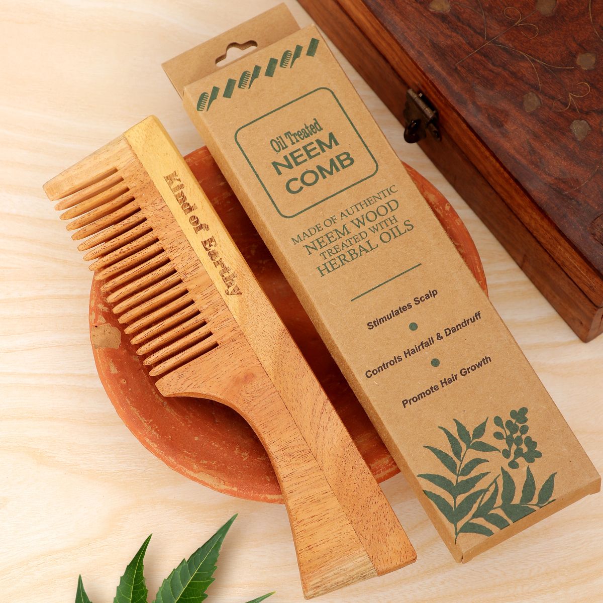 Neem Wood Comb with Handle | Regular Tooth | Anti - Static & Natural – Hair Comb on Brown Living™. SKU: KOE018-HC-1. Img 1.