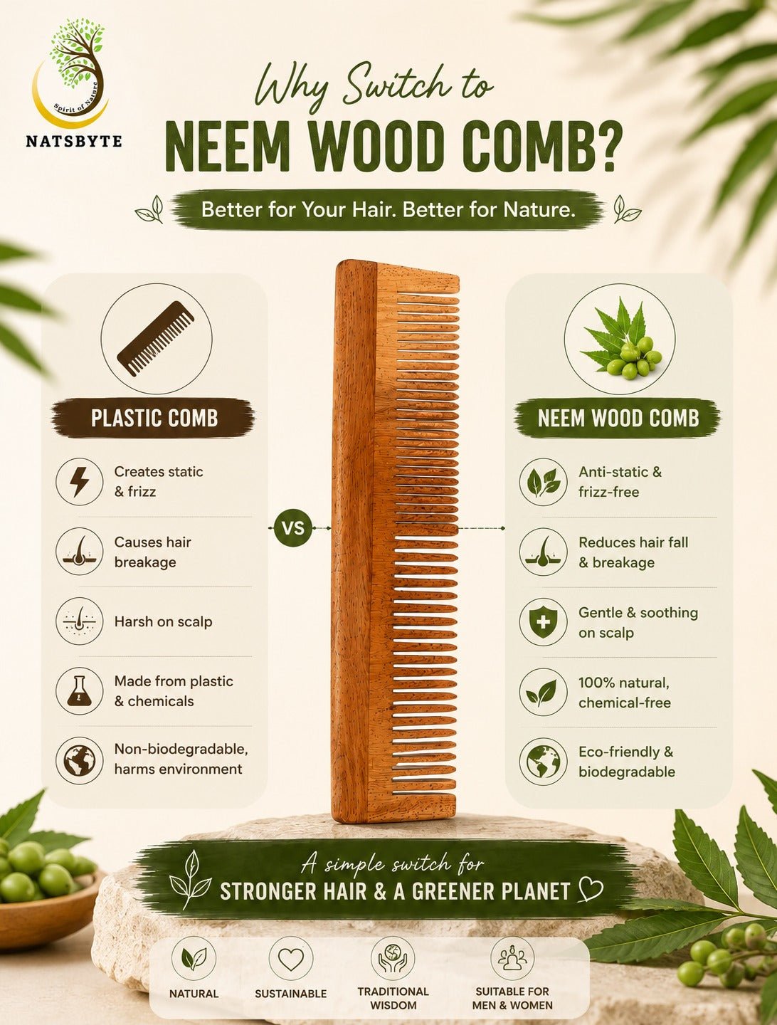 Neem Wooden Comb Regular Dual Teeth | The Earth Eco Naturals – Hair Comb on Brown Living™. SKU: Regular02. Img 2.
