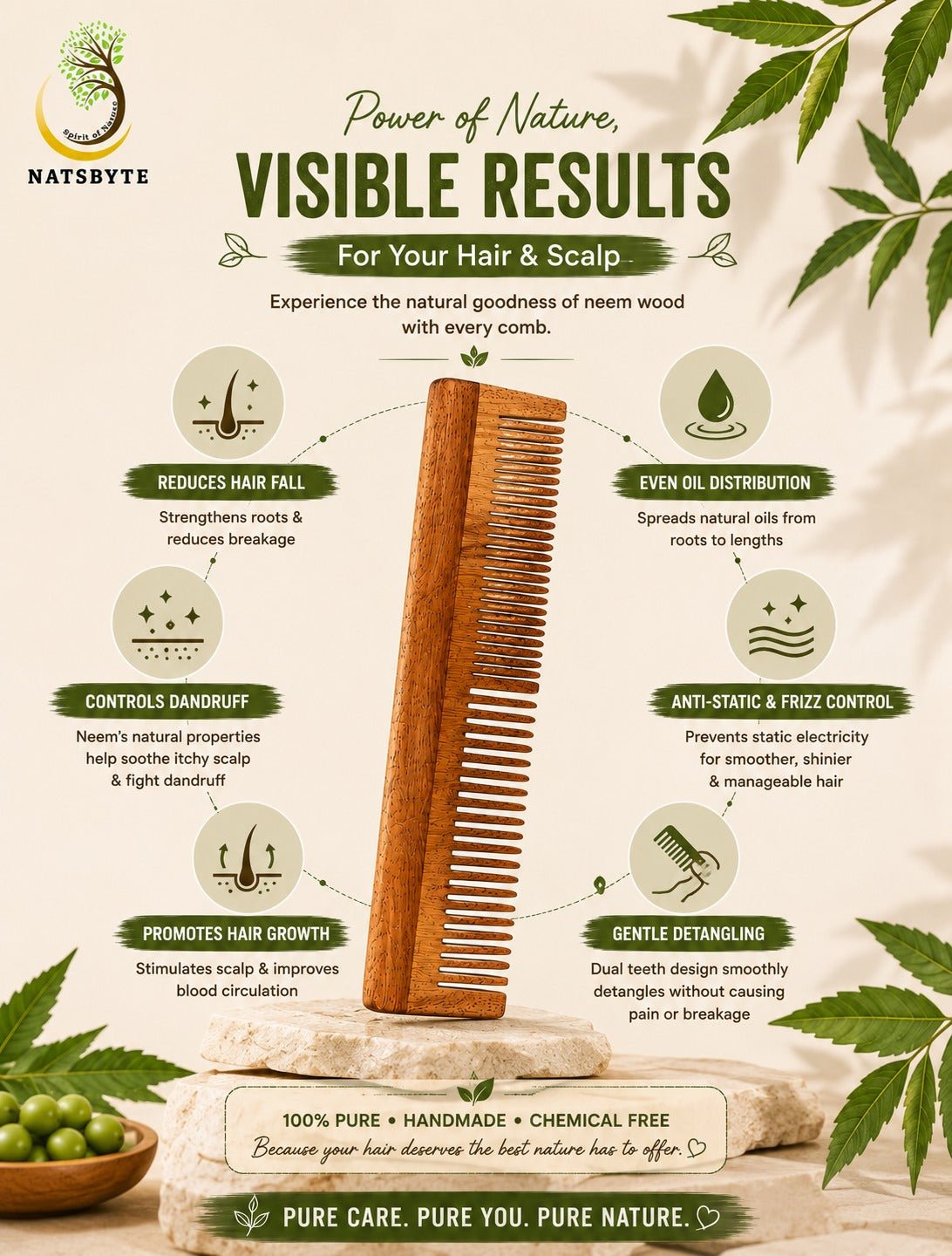 Neem Wooden Comb Regular Dual Teeth | The Earth Eco Naturals – Hair Comb on Brown Living™. SKU: Regular03. Img 3.