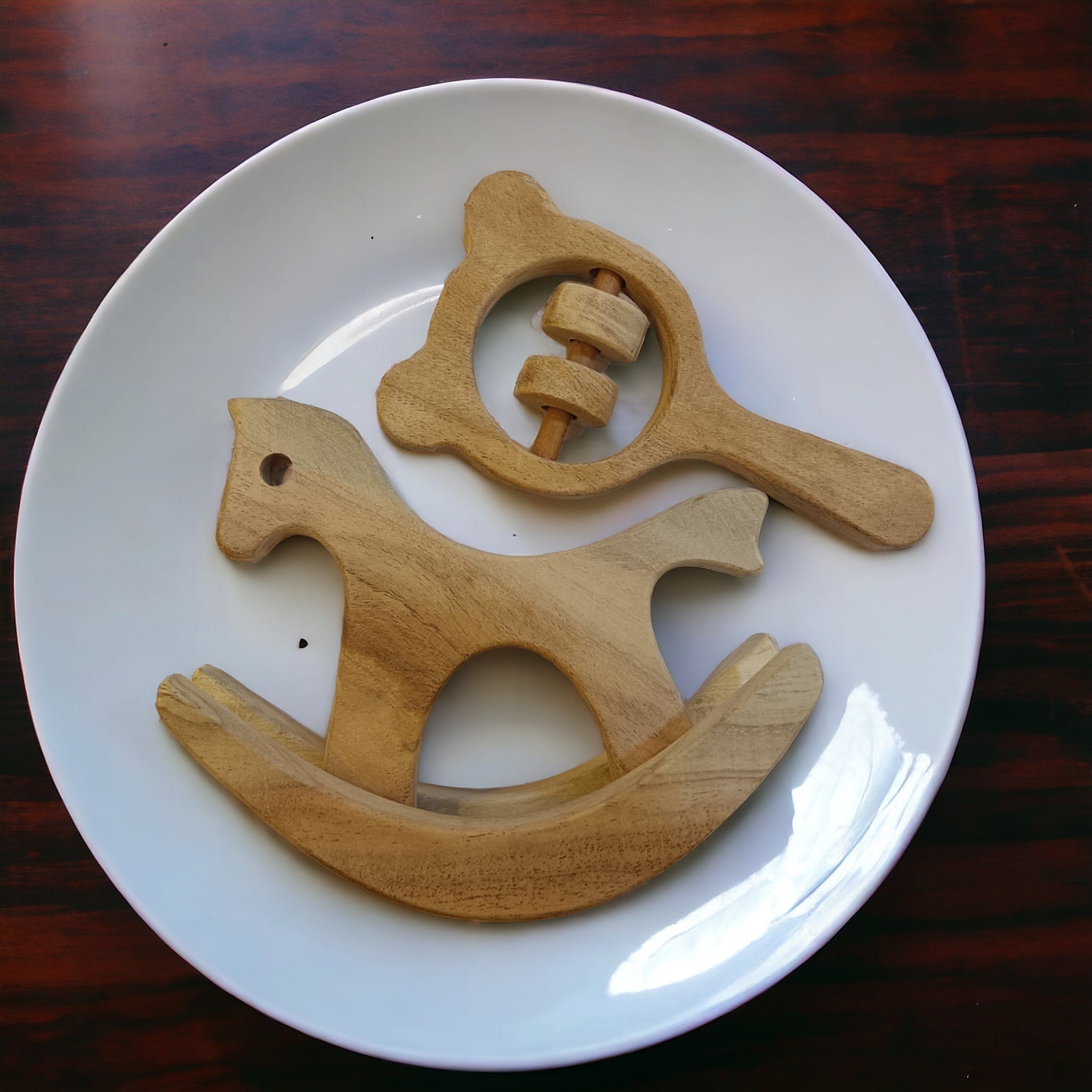 Neem Wooden Pocket Size Swing Horse & Mickey Rattle Toy Set – Wooden Toys on Brown Living™. SKU: SR_SHRS-MKHD. Img 2.