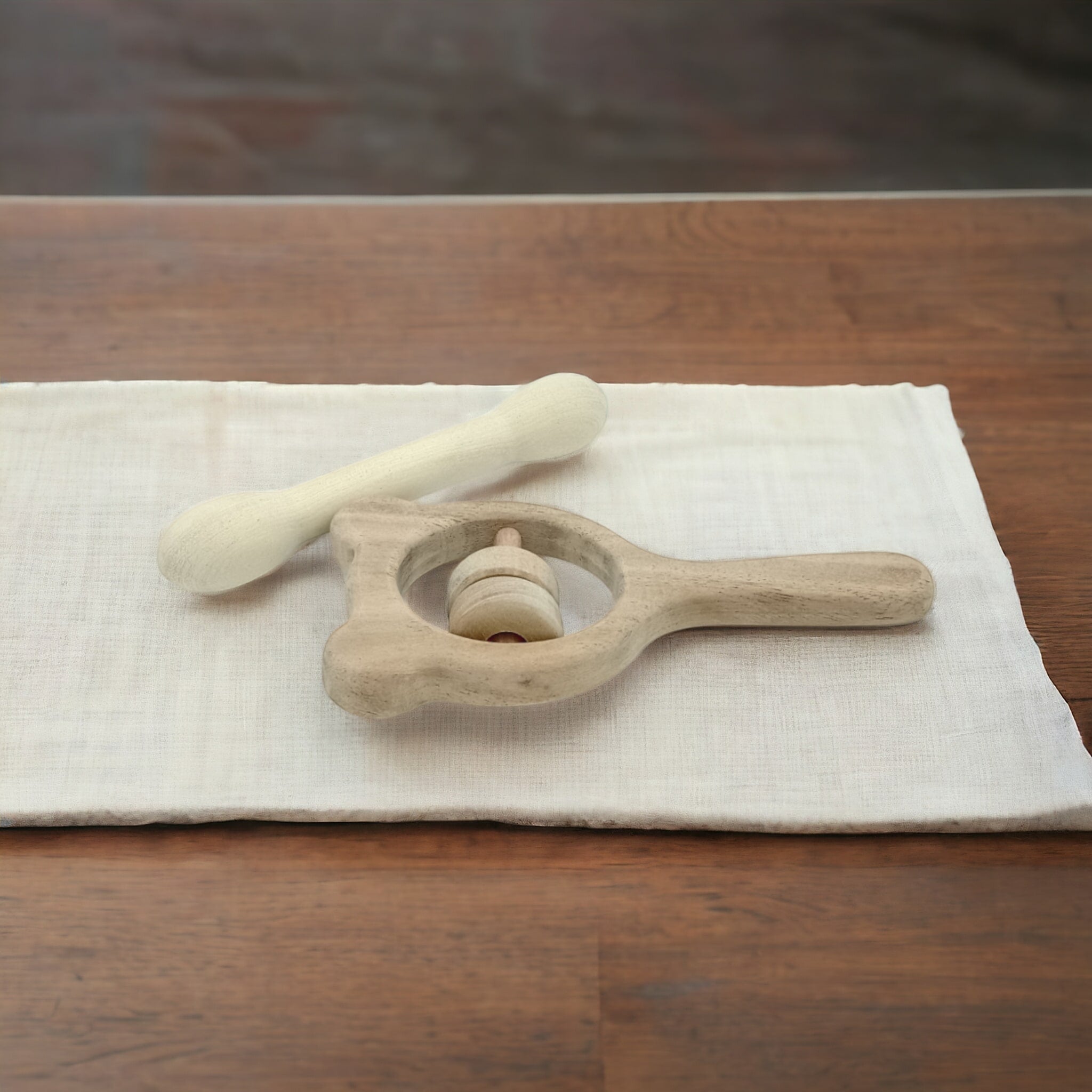 Neem Wooden Rattle & Teether Of Shapes – Mickey Head & Dumb Bell – Wooden Toys on Brown Living™. SKU: RT_MKHD-DBL. Img 3.