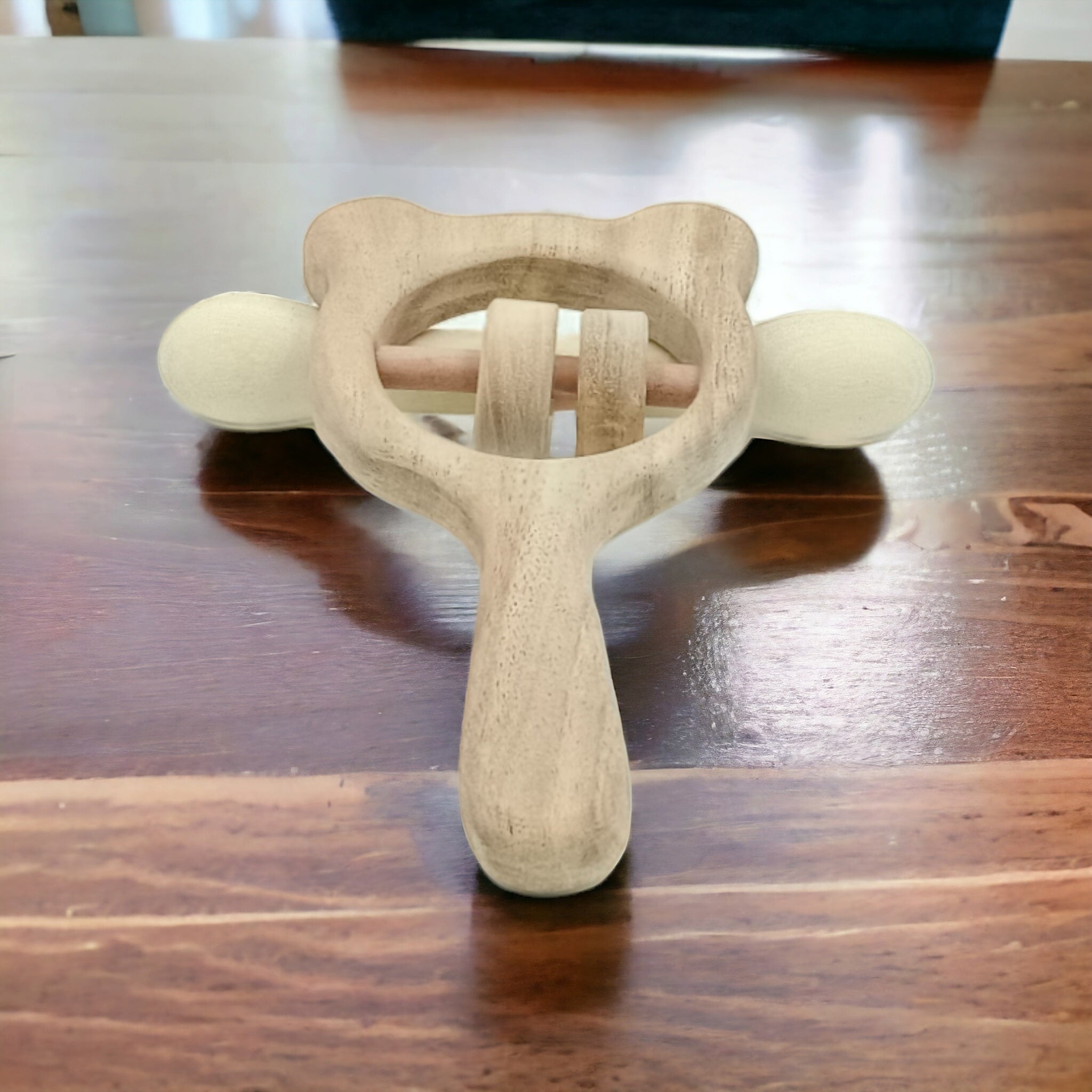 Neem Wooden Rattle & Teether Of Shapes – Mickey Head & Dumb Bell – Wooden Toys on Brown Living™. SKU: RT_MKHD-DBL. Img 2.