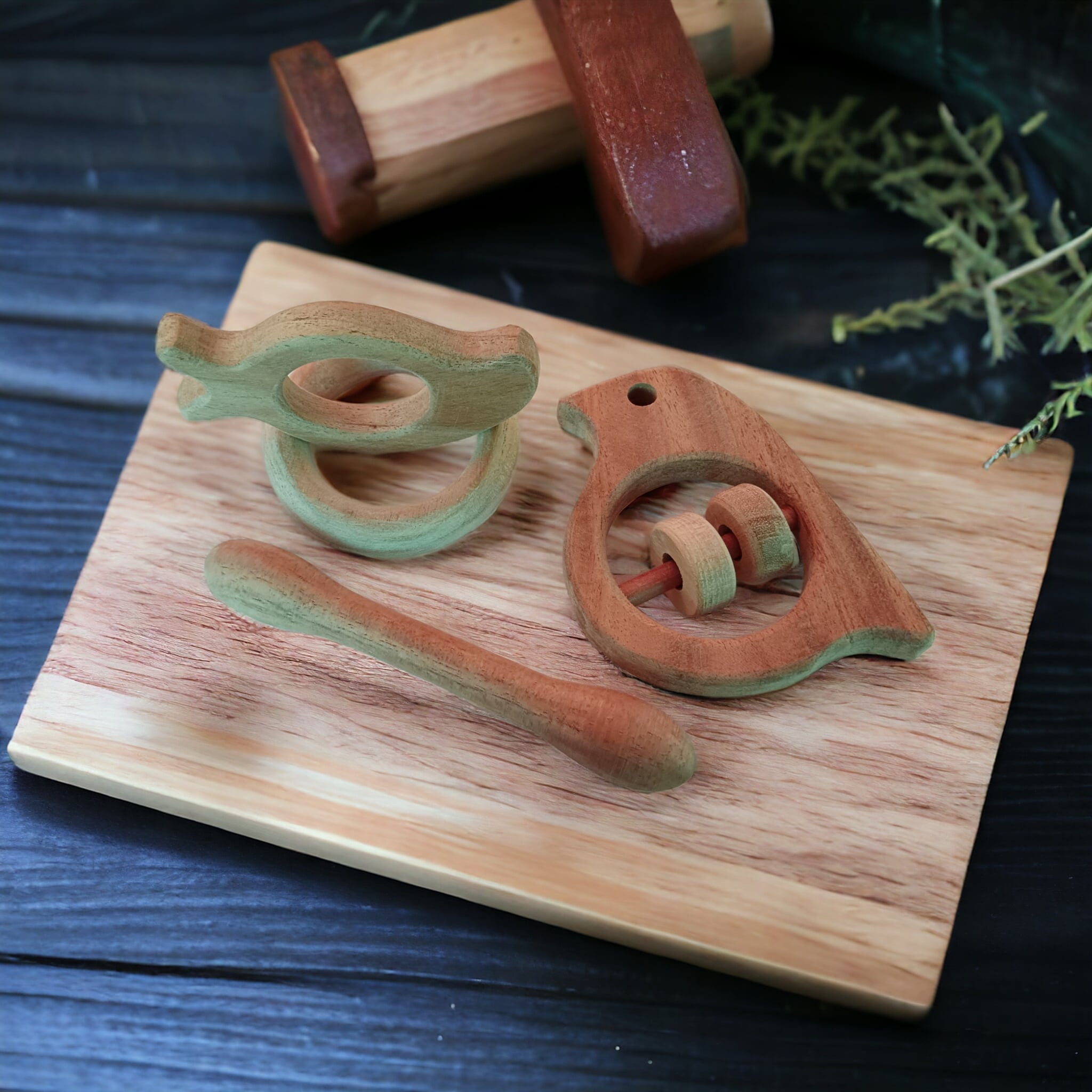 Neem Wooden Rattle & Teethers – Sparrow, Mango, Dumbbell & Ring – Wooden Toys on Brown Living™. SKU: RT_SPR-MNG-DBL-RNG. Img 2.