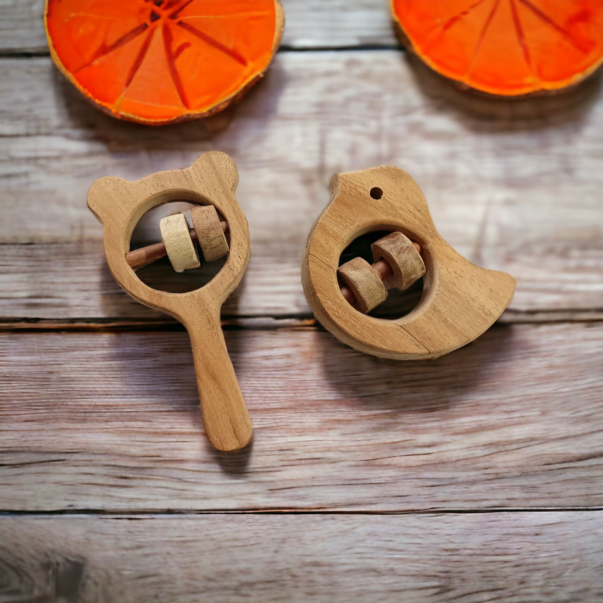 Neem Wooden Sound Making Rattles – Dove & Mickey Head Shapes – Baby Rattles on Brown Living™. SKU: R_DV-MKHD. Img 1.