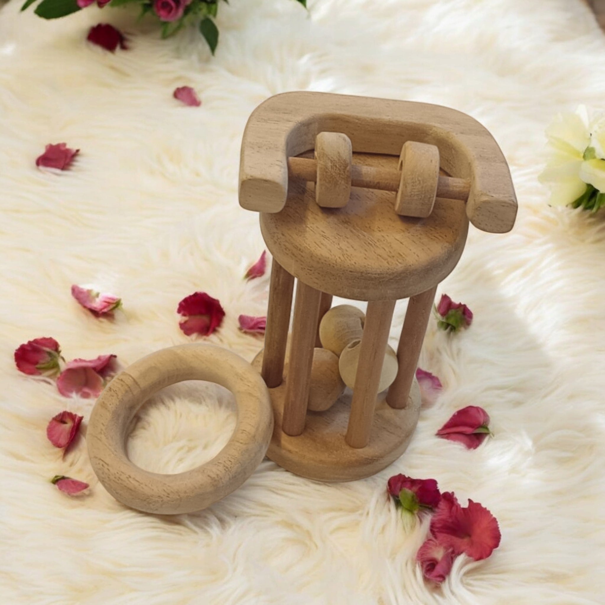 Neem Wooden Tumbler, C - Shaped Rattle & Ring Teether For Babies – Wooden Toys on Brown Living™. SKU: RT_TMBLR-C-RNG. Img 6.