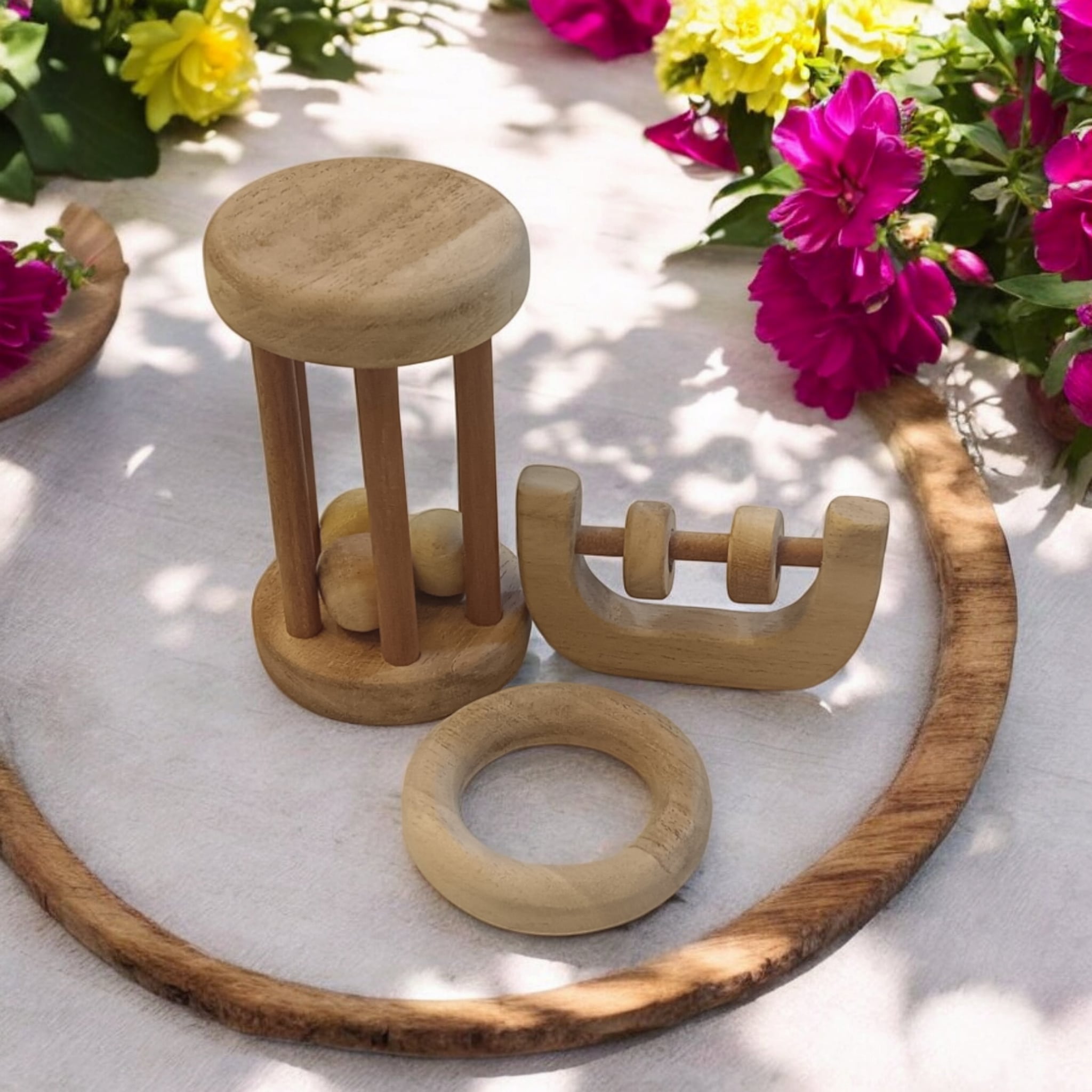 Neem Wooden Tumbler, C - Shaped Rattle & Ring Teether For Babies – Wooden Toys on Brown Living™. SKU: RT_TMBLR-C-RNG. Img 1.