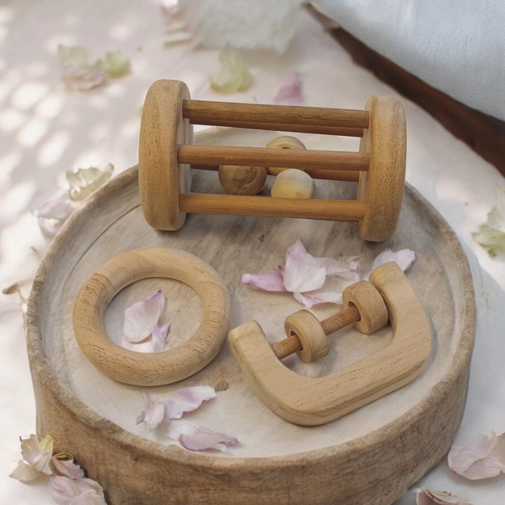 Neem Wooden Tumbler, C - Shaped Rattle & Ring Teether For Babies – Wooden Toys on Brown Living™. SKU: RT_TMBLR-C-RNG. Img 4.