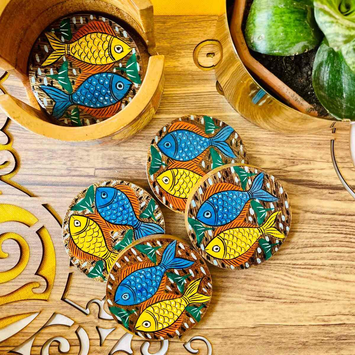 Neer Round Handcrafted Mango Wood Coaster with Holder (Set of 6) | Verified Sustainable by Brown Living™