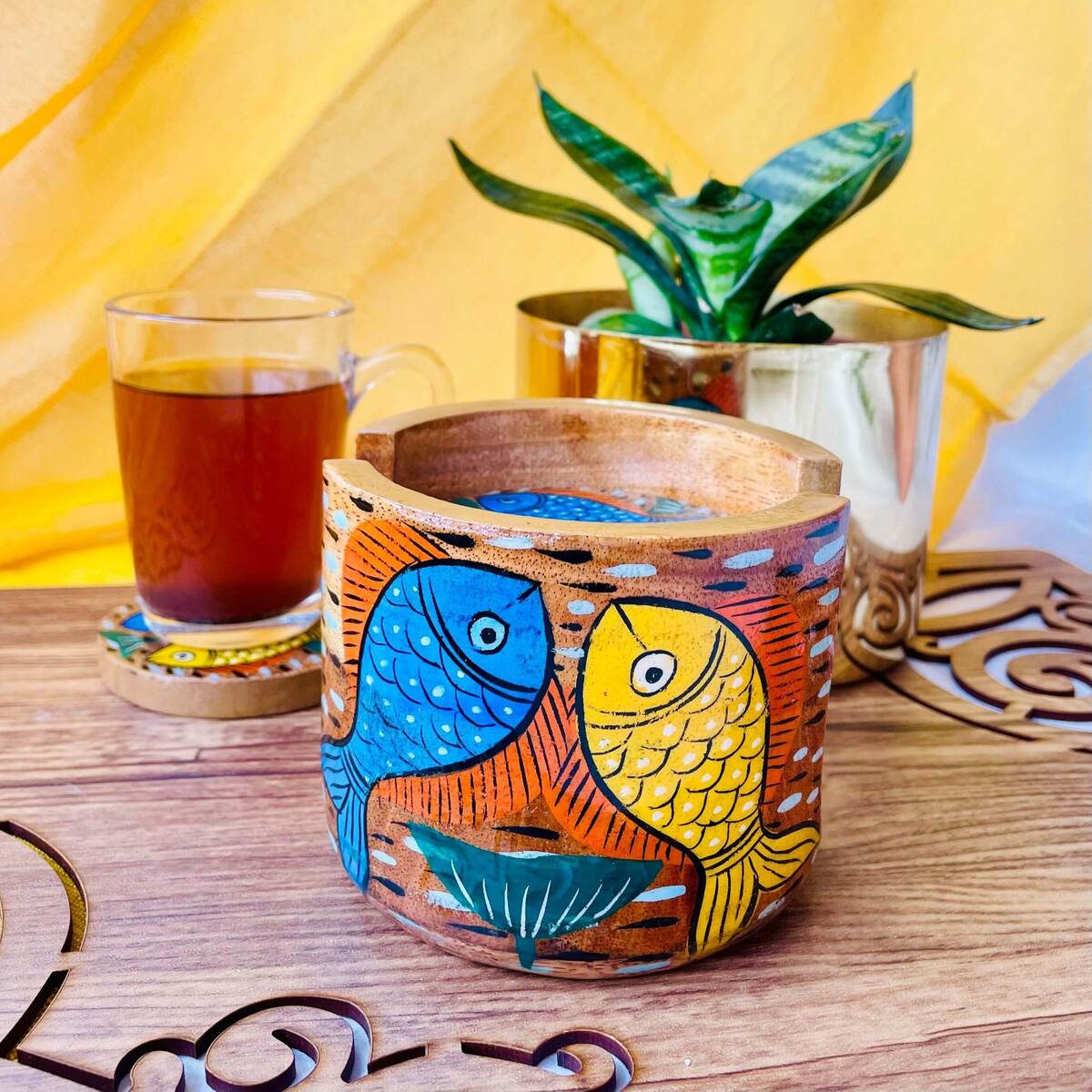 Neer Round Handcrafted Mango Wood Coaster with Holder (Set of 6) | Verified Sustainable by Brown Living™