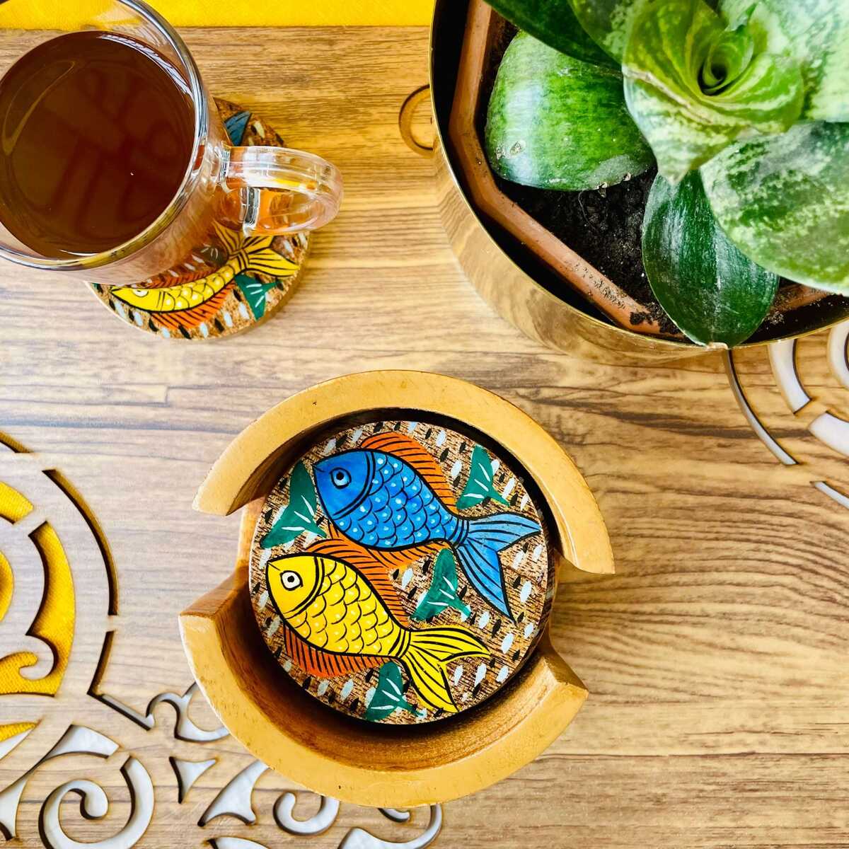 Neer Round Handcrafted Mango Wood Coaster with Holder (Set of 6) | Verified Sustainable by Brown Living™