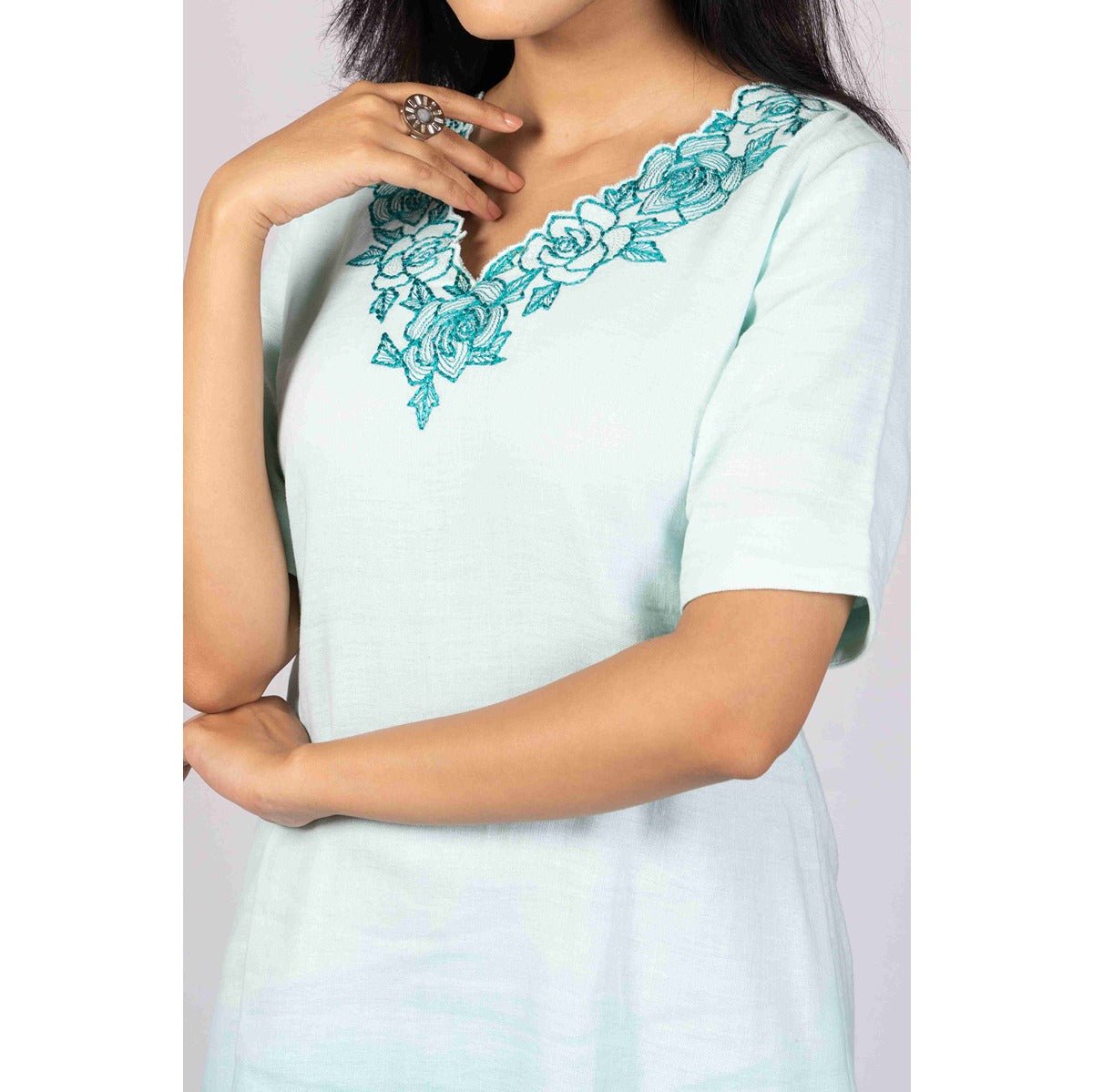 Neerja Teal Ombre Linen Blend Embroidered Dress – Womens Dress on Brown Living™. SKU: HD1006XSN. Img 3.