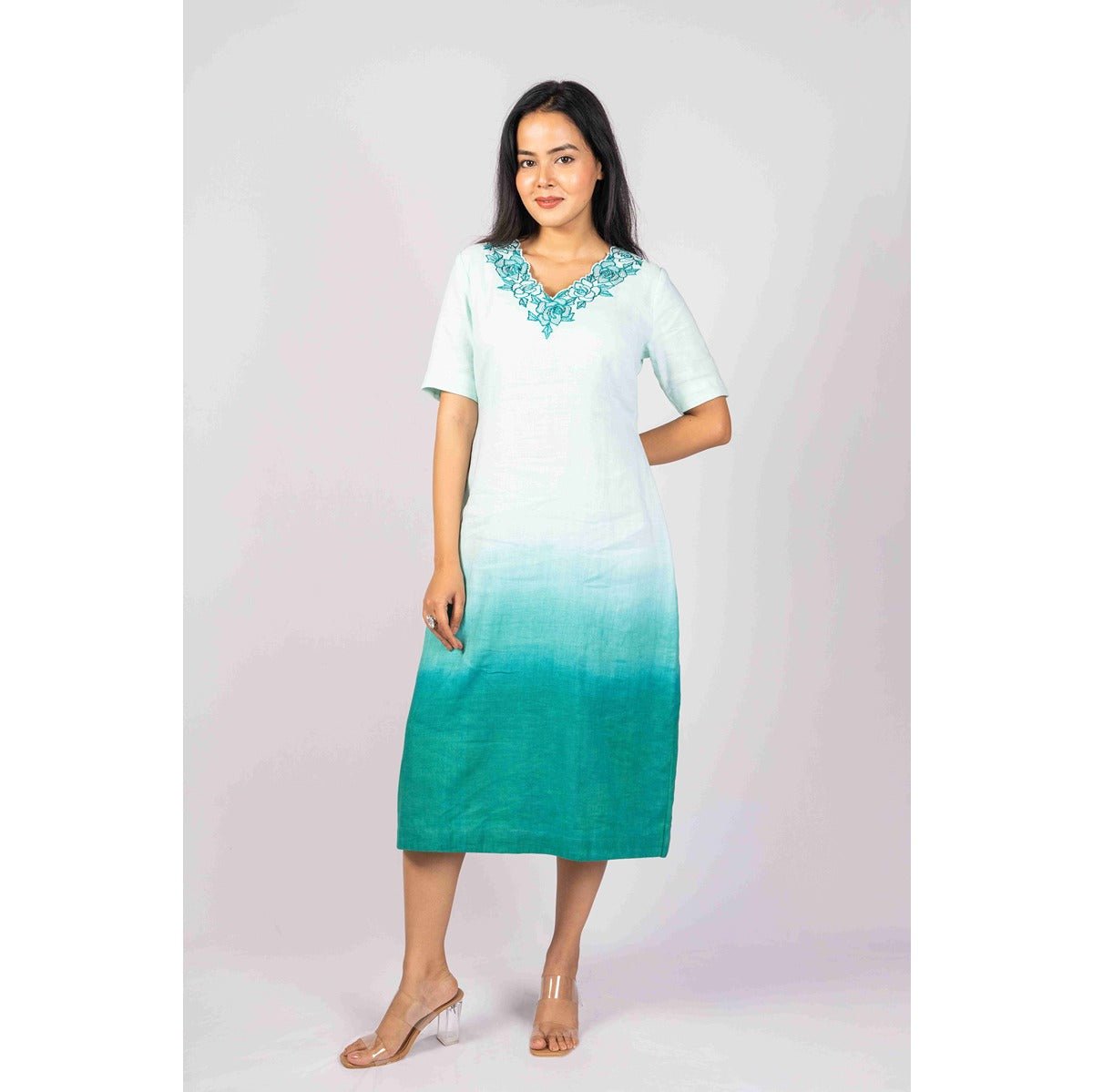 Neerja Teal Ombre Linen Blend Embroidered Dress – Womens Dress on Brown Living™. SKU: HD1006XSN. Img 1.