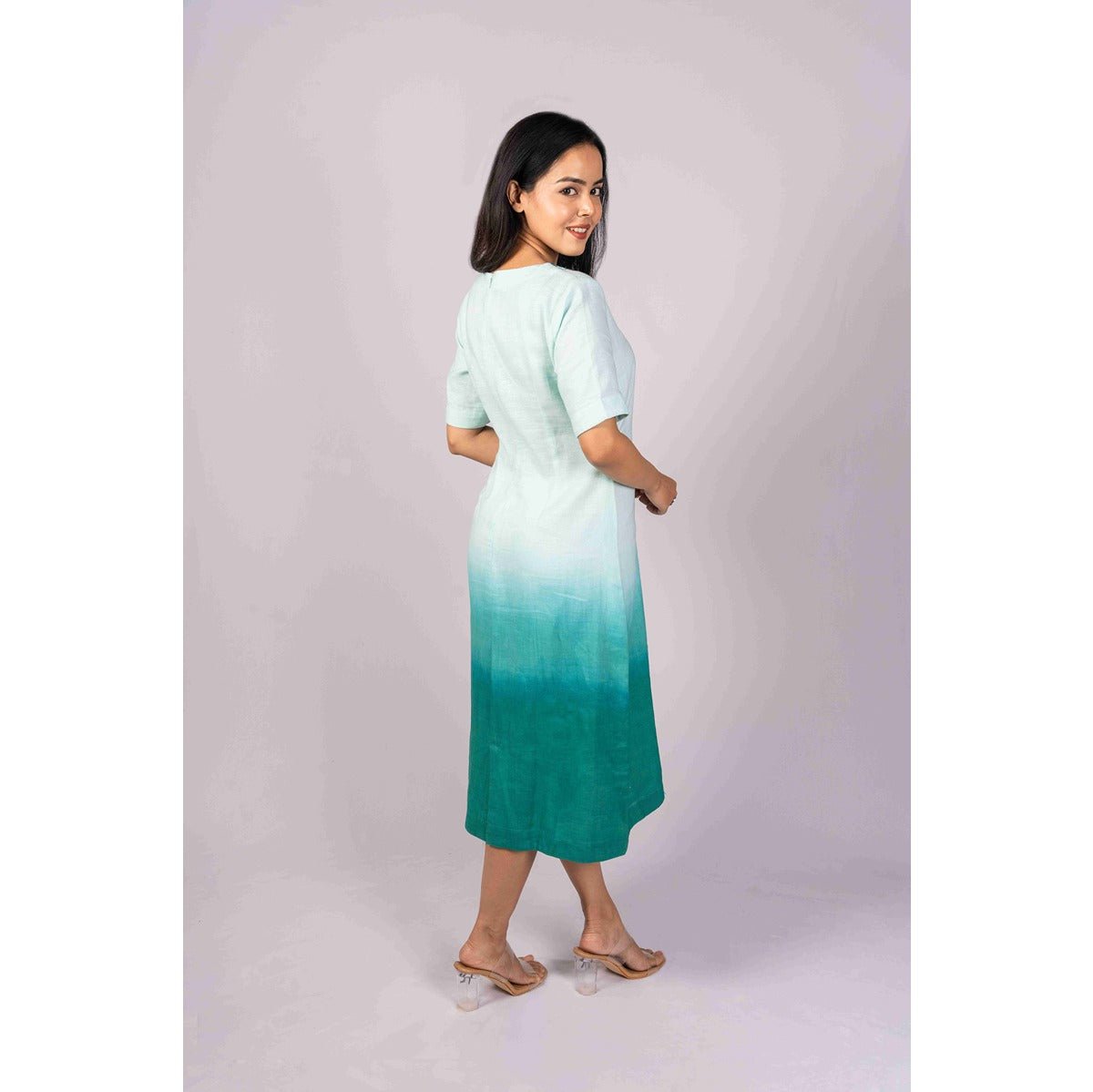 Neerja Teal Ombre Linen Blend Embroidered Dress – Womens Dress on Brown Living™. SKU: HD1006XSN. Img 4.
