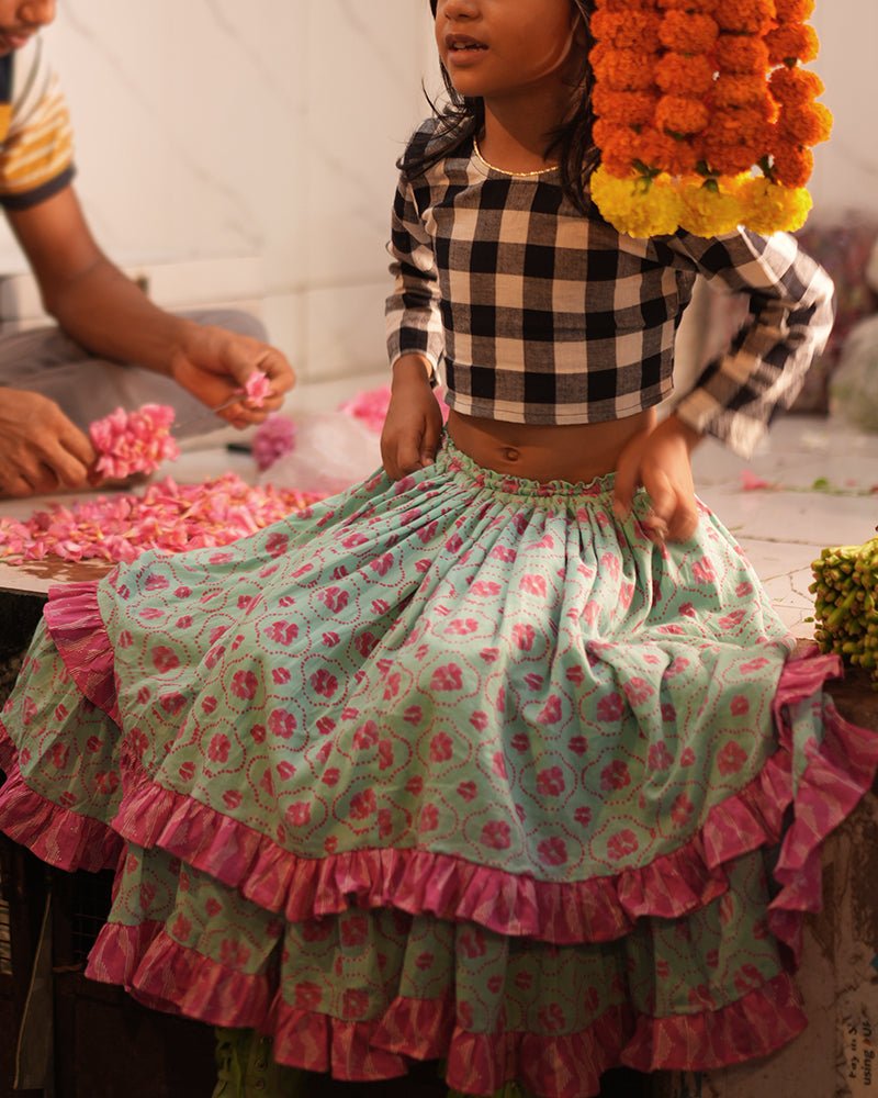 Noor Cotton Black White Checks Top With Floral Lehenga Set – Kids Ethnic Sets by Love The World Today available on Brown Living™. 6 - 12 M . SKU: C34G1BBL612. Img 4.
