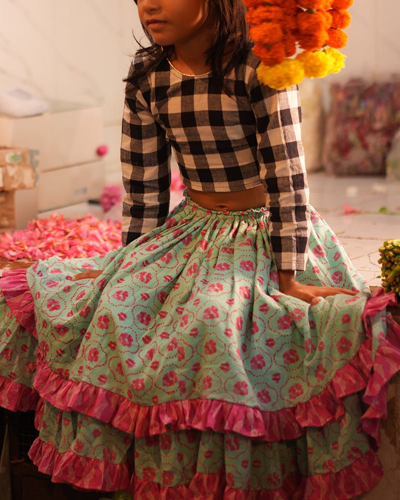 Noor Cotton Black White Checks Top With Floral Lehenga Set – Kids Ethnic Sets by Love The World Today available on Brown Living™. 6 - 12 M . SKU: C34G1BBL612. Img 16.