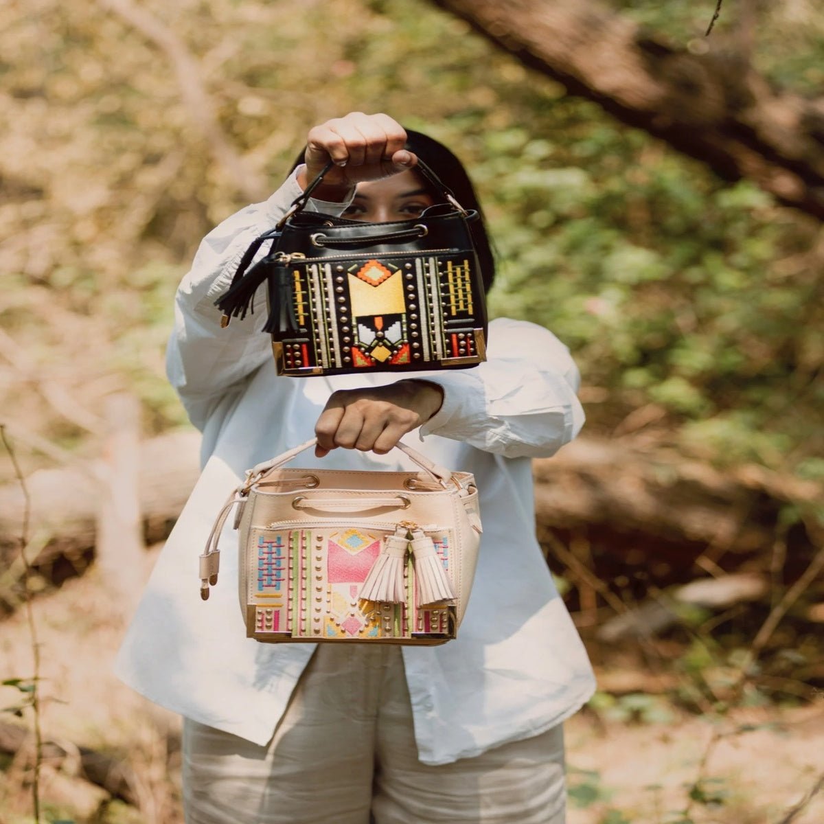 Nora Vegan Leather Embroidered Sling Bag - Almond – Sling Bag on Brown Living™. SKU: SBGH2025 - 3002. Img 6.