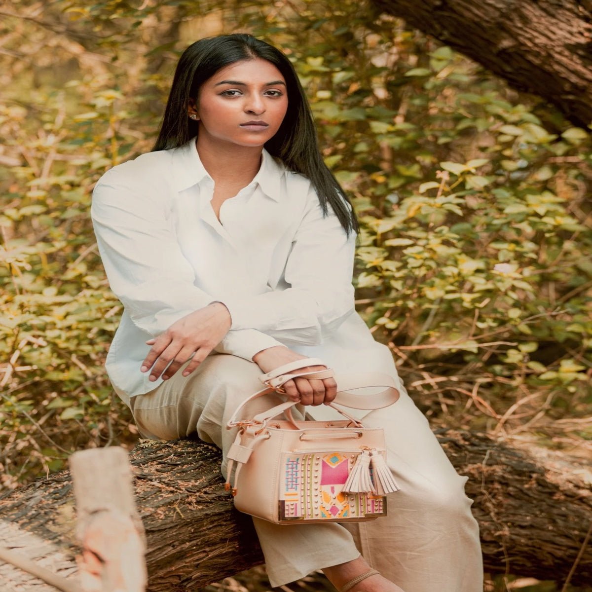 Nora Vegan Leather Embroidered Sling Bag - Almond – Sling Bag on Brown Living™. SKU: SBGH2025 - 3002. Img 5.