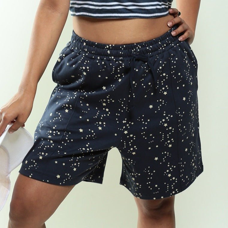 North Star Biowashed Organic Cotton Shorts - Navy Blue – Womens Top on Brown Living™. SKU: 0010/STRY/Navy/AOP - S. Img 2.