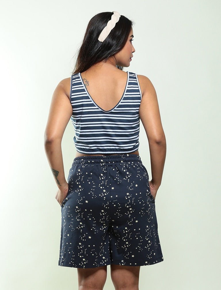 North Star Biowashed Organic Cotton Shorts - Navy Blue – Womens Top on Brown Living™. SKU: 0010/STRY/Navy/AOP - S. Img 4.
