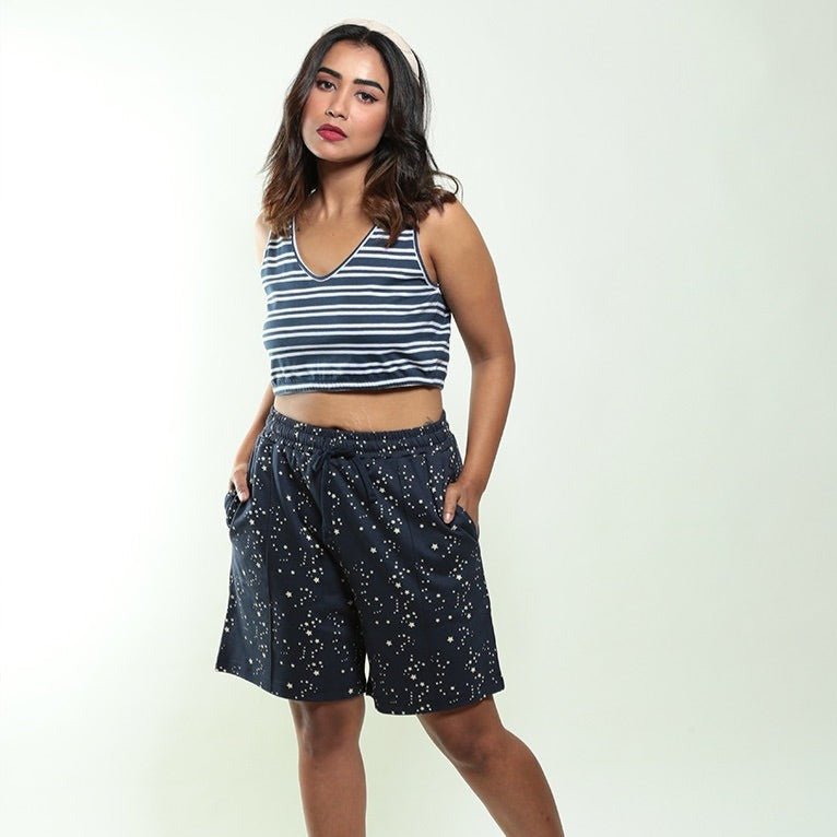 North Star Biowashed Organic Cotton Shorts - Navy Blue – Womens Top on Brown Living™. SKU: 0010/STRY/Navy/AOP - S. Img 1.