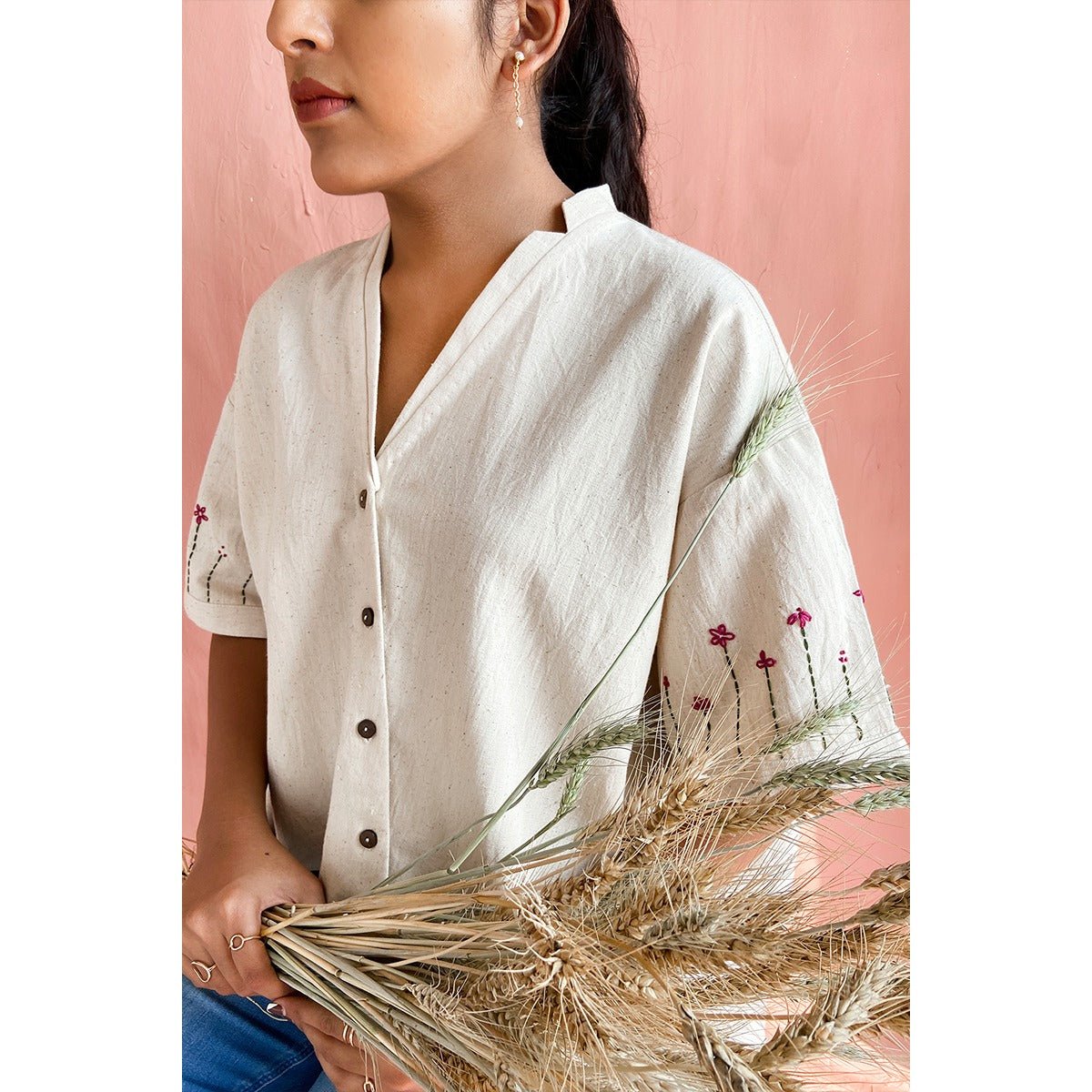 Nunchi Khadi Blouse | Handwoven Cotton Blouse for Women – Womens Blouse on Brown Living™. SKU: DL0125XSn. Img 3.