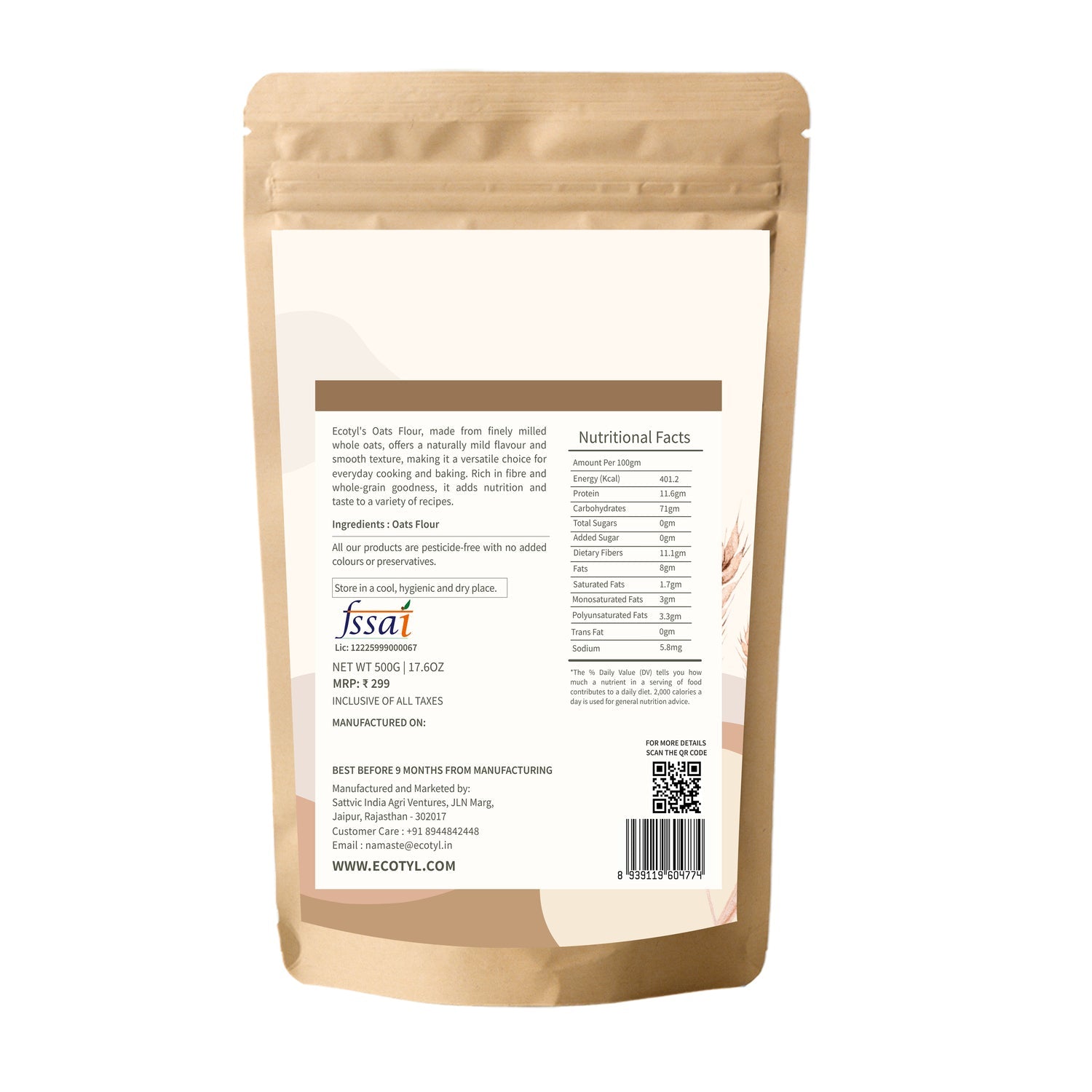 Oats Flour | Wholesome Flour | High Fibre | 500g – Healthy Snacks on Brown Living™. SKU: ECOTYL00051. Img 6.