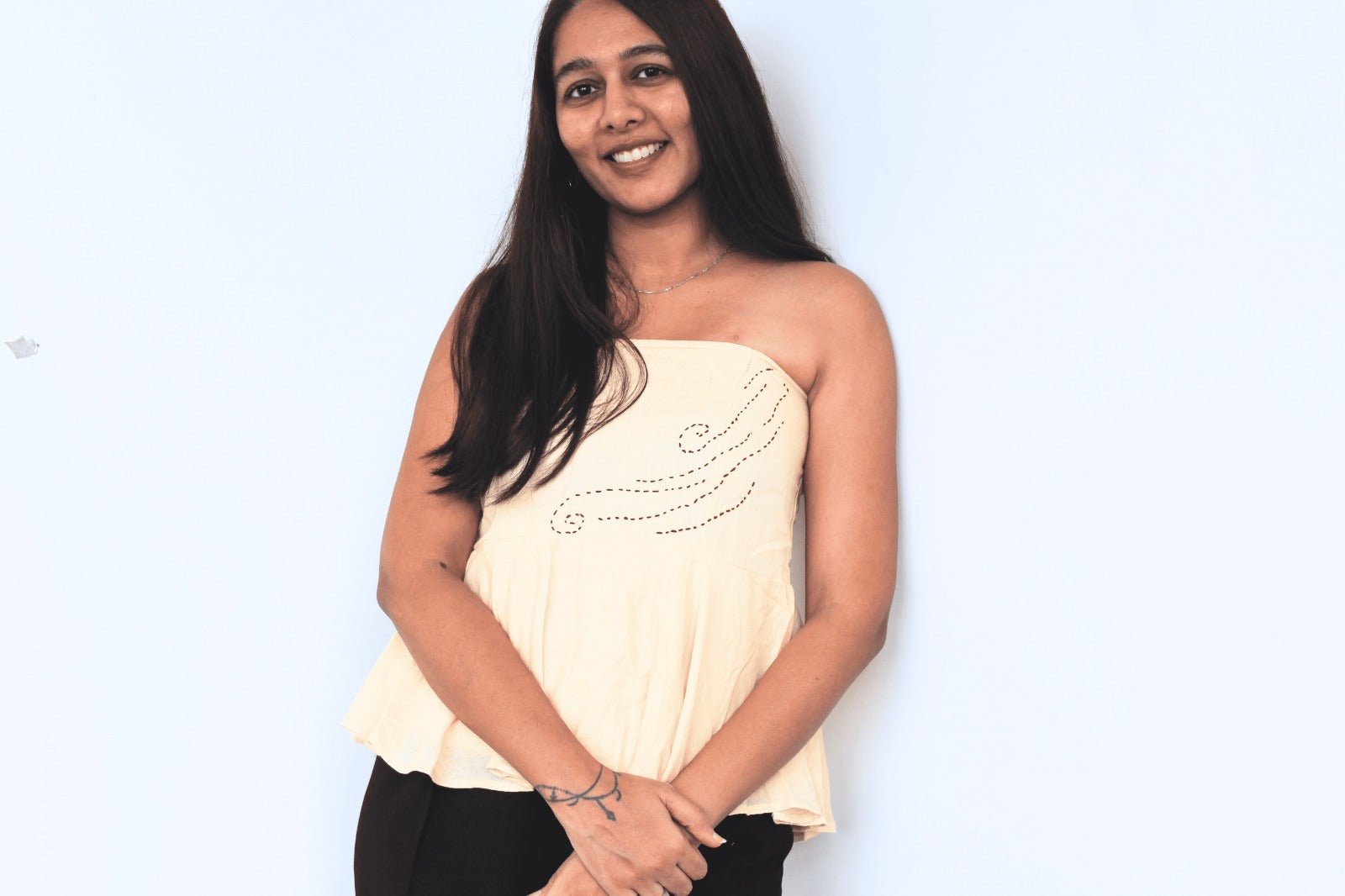 Offwhite Leher Tube Top | Ethnic Print Strapless Summer Wear – Womens Top on Brown Living™. SKU: TU12. Img 1.