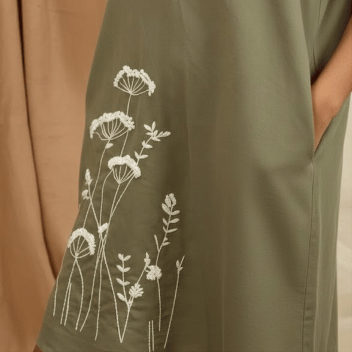 Olive Green Linen Anti Fit Drop Shoulder Dress With Hand Embroidery – Womens Dress on Brown Living™. SKU: AS-OGD-001. Img 3.