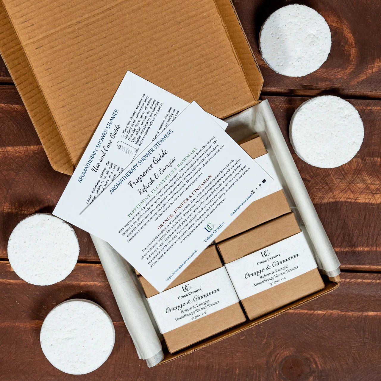 Orange & Cinnamon Shower Steamers – Refresh Set of 4 – Bath Salt on Brown Living™. SKU: SS_4OC_GS. Img 4.