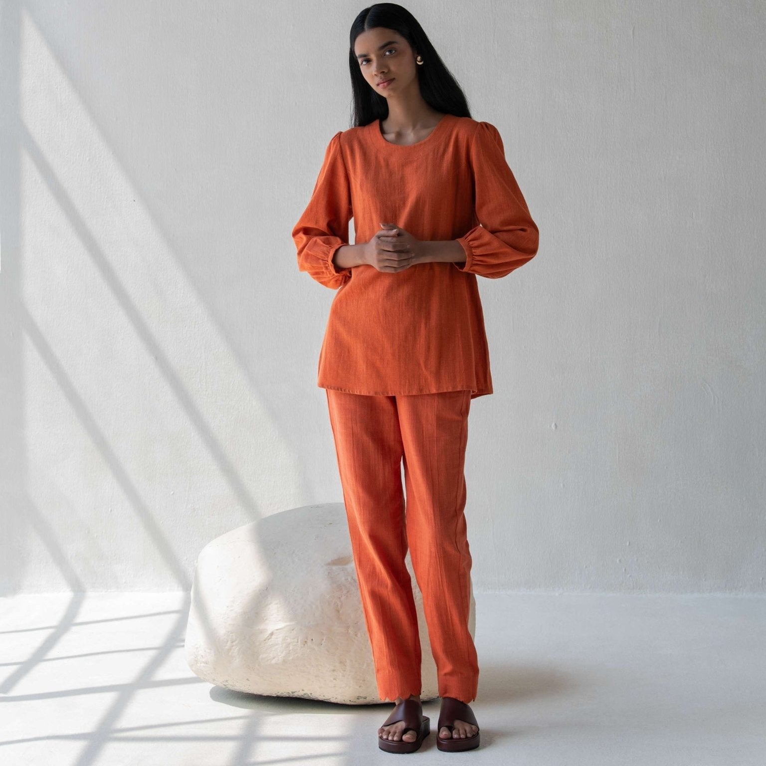 Orange Elegant Cotton Scalloped Straight Pants for Women – Womens Pants on Brown Living™. SKU: DCSS25B05S. Img 3.