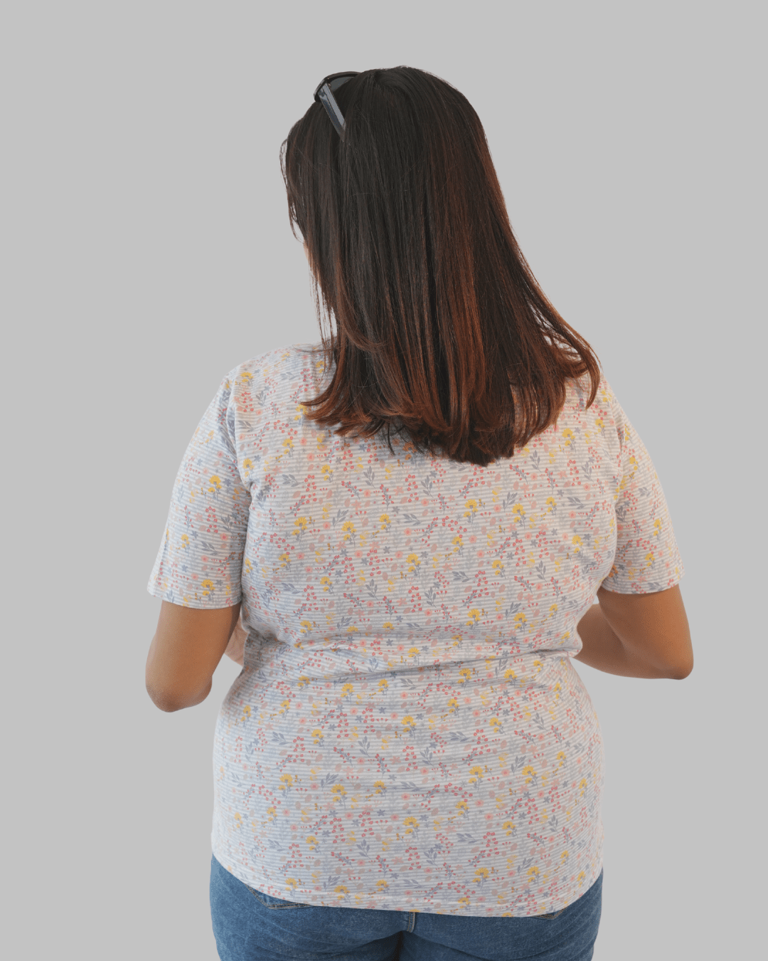 Organic Cotton Nursing T-Shirt for Women | Soft Feeding Friendly Tee – Womens Top on Brown Living™. SKU: 006MatDitsyAOP-S. Img 6.