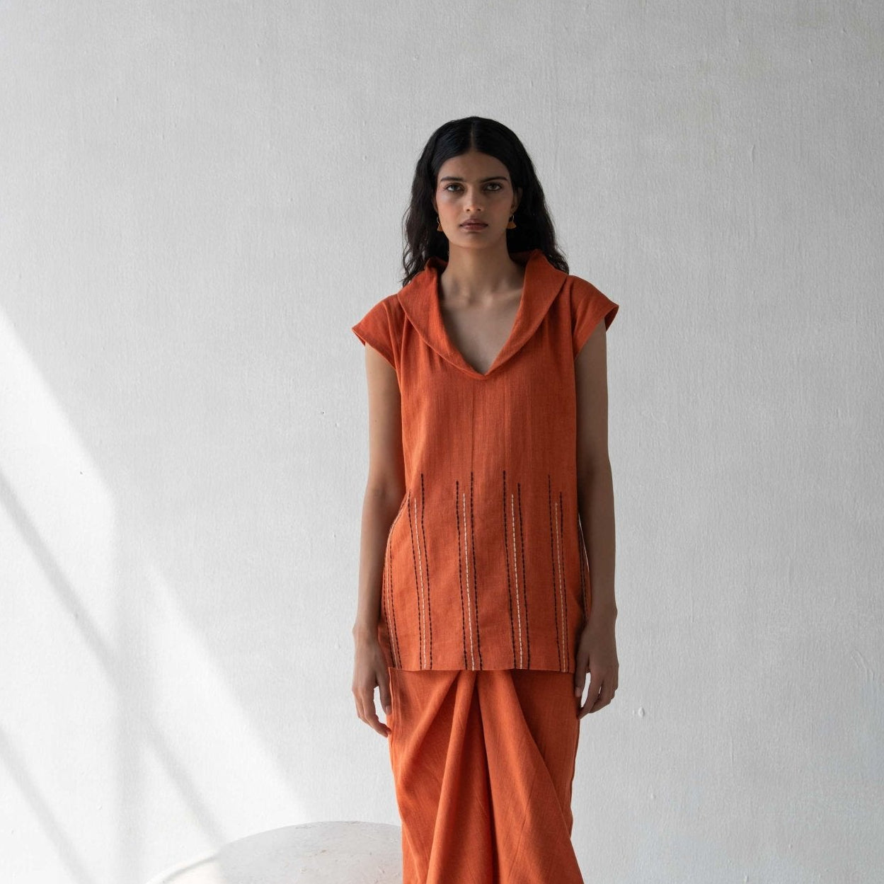 Organic Cotton Orange Shawl Collared Top for Women – Womens Top on Brown Living™. SKU: DCSS25T06S. Img 3.