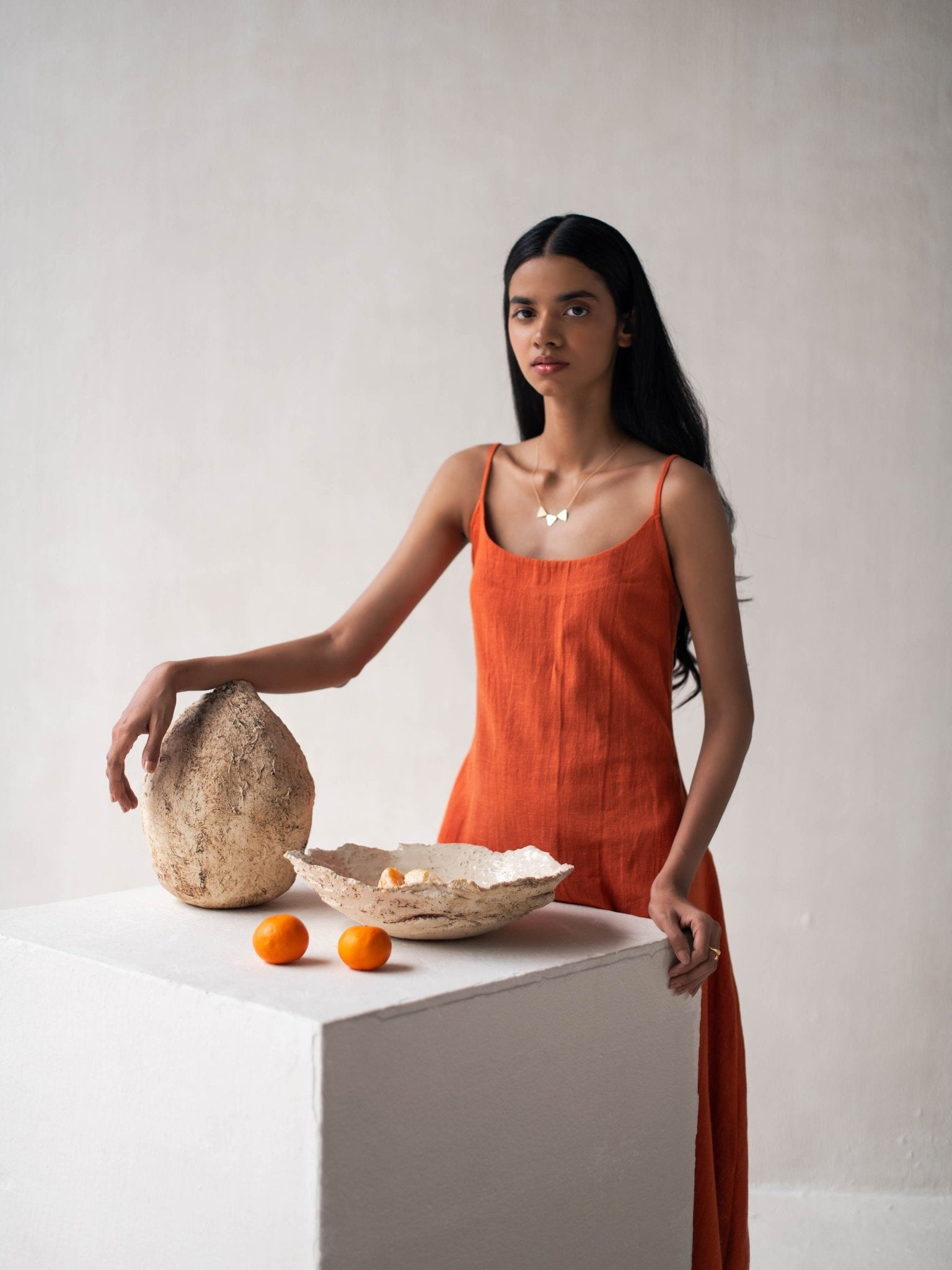 Organic Cotton Orange Spaghetti Sleeved A - Line Dress for Women – Womens Dress on Brown Living™. SKU: DCSS25D03S. Img 2.