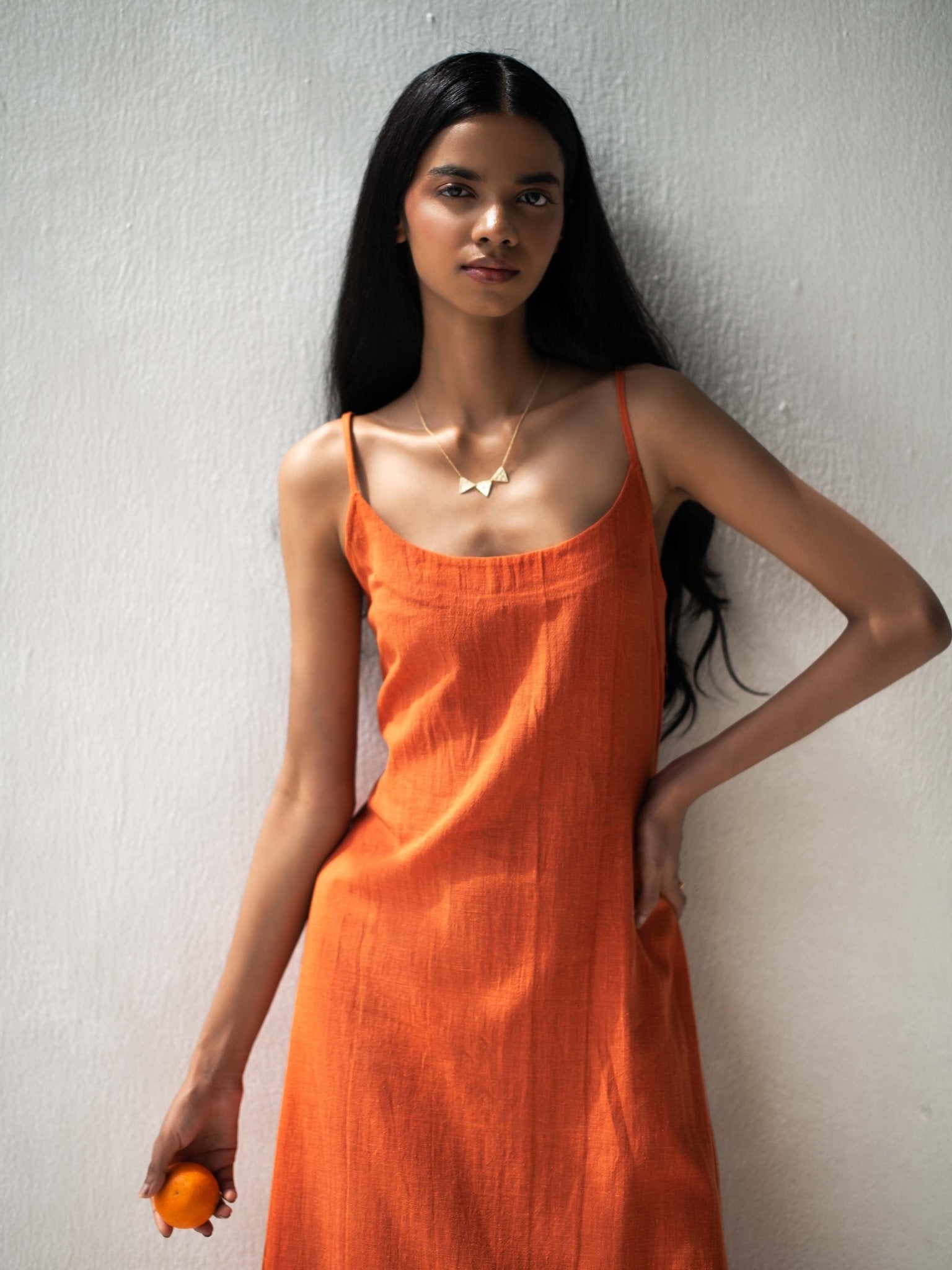 Organic Cotton Orange Spaghetti Sleeved A - Line Dress for Women – Womens Dress on Brown Living™. SKU: DCSS25D03S. Img 3.