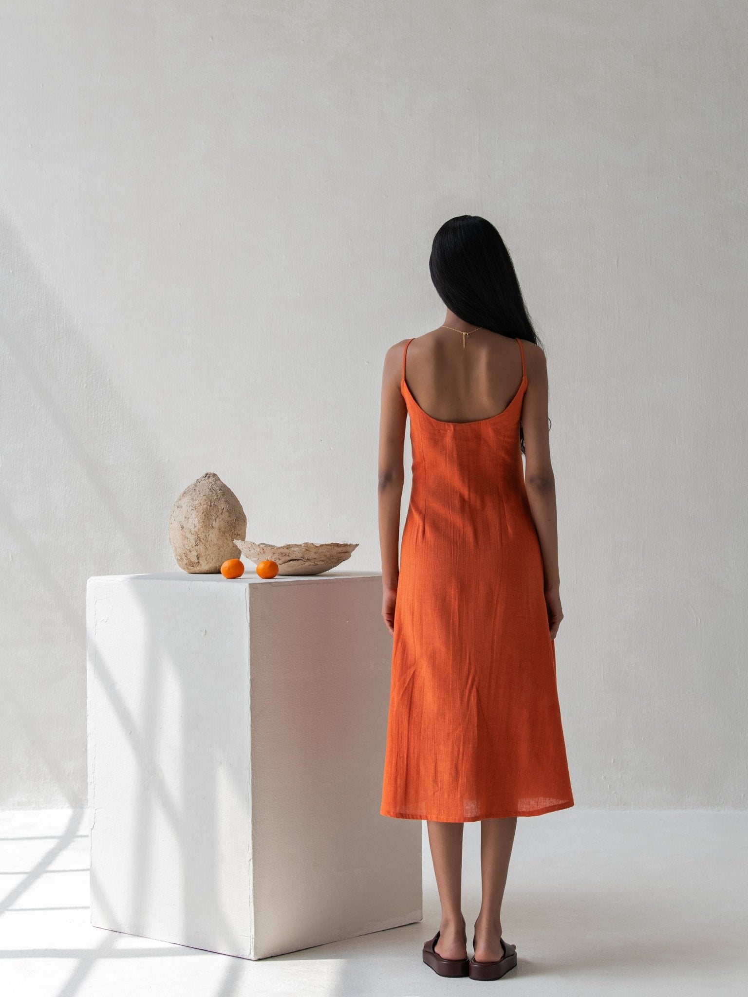 Organic Cotton Orange Spaghetti Sleeved A - Line Dress for Women – Womens Dress on Brown Living™. SKU: DCSS25D03S. Img 7.