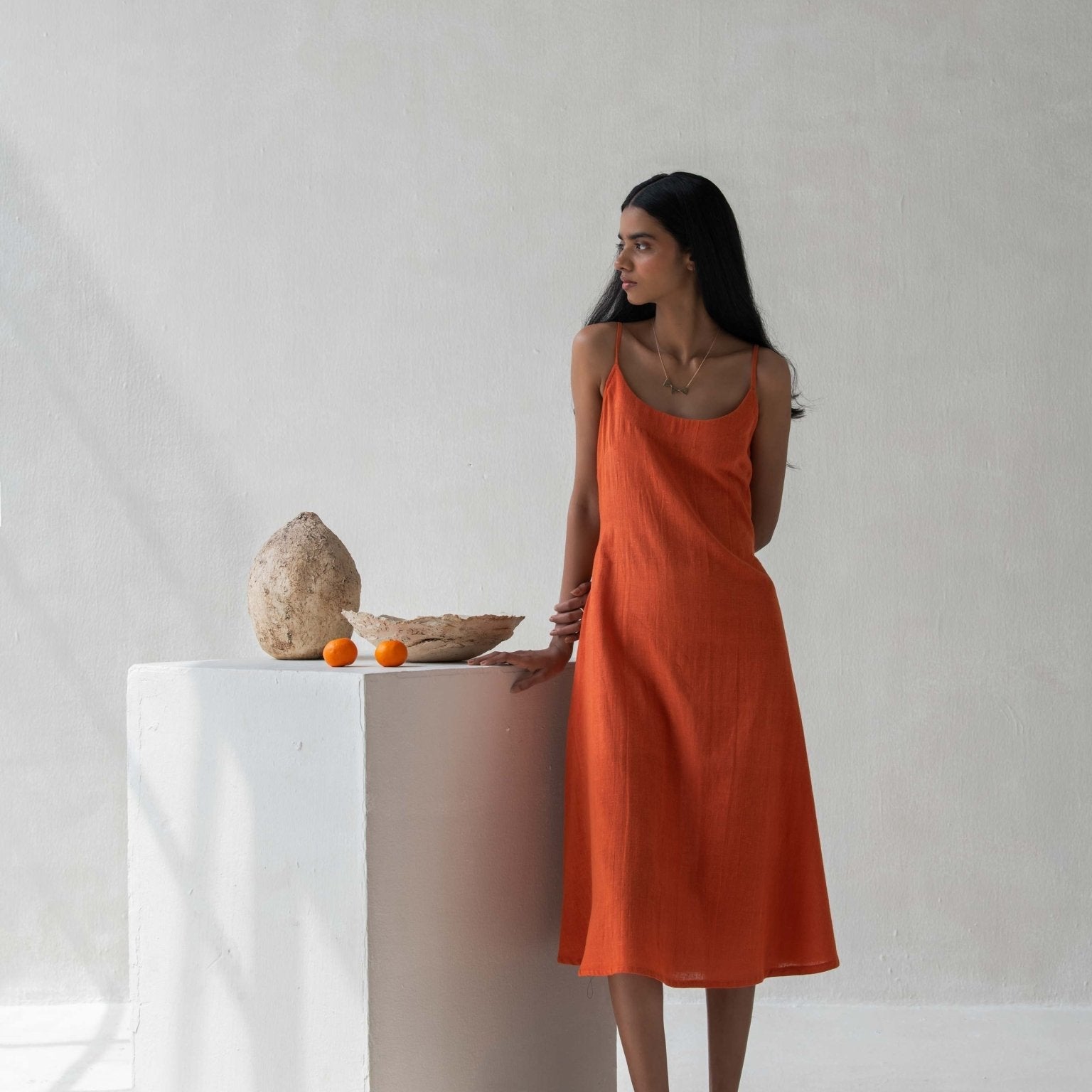 Organic Cotton Orange Spaghetti Sleeved A - Line Dress for Women – Womens Dress on Brown Living™. SKU: DCSS25D03S. Img 6.