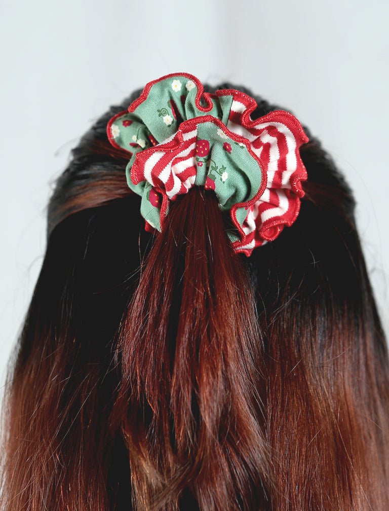 Organic Cotton Scrunchie in Merry Cherries Print – Womens Accessories on Brown Living™. SKU: S10MerryCherriesNNN. Img 3.