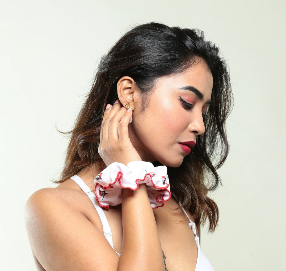 Organic Cotton Scrunchie in Pink Stork Print – Womens Accessories on Brown Living™. SKU: S10PinkStork. Img 2.