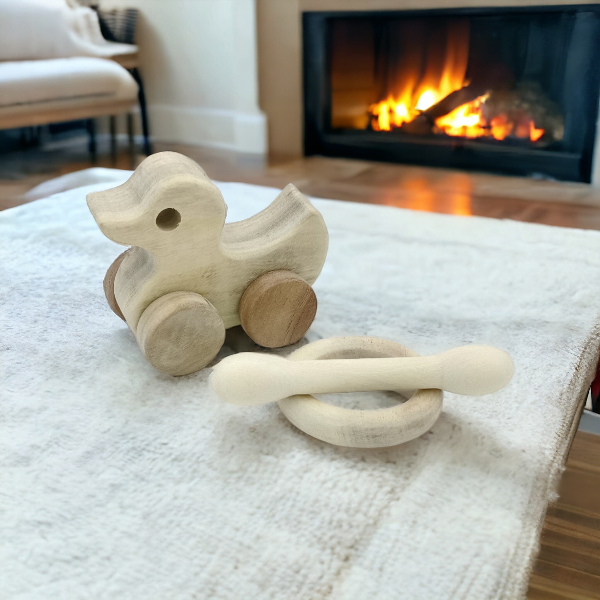 Organic & Healthy Pull Toy | Teethers Set - Duck, Dumbbell & Ring Shape – Wooden Toys on Brown Living™. SKU: WT_DK-DBL-RNG. Img 4.