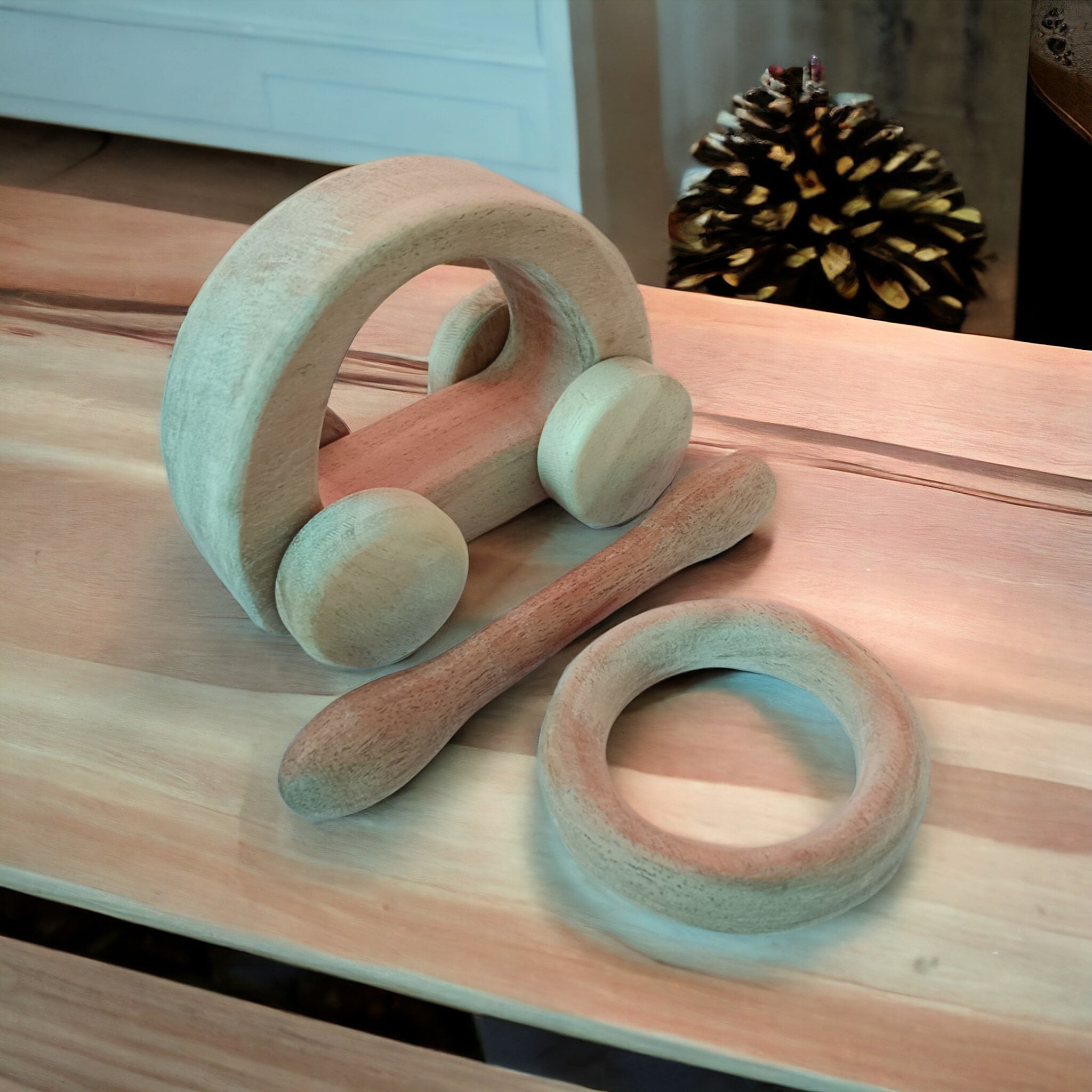 Organic Neem Combo Set Of Hollow Car, Ring & Dumbbell Teethers – Wooden Toys on Brown Living™. SKU: WT_HCR-RNG-DBL. Img 3.