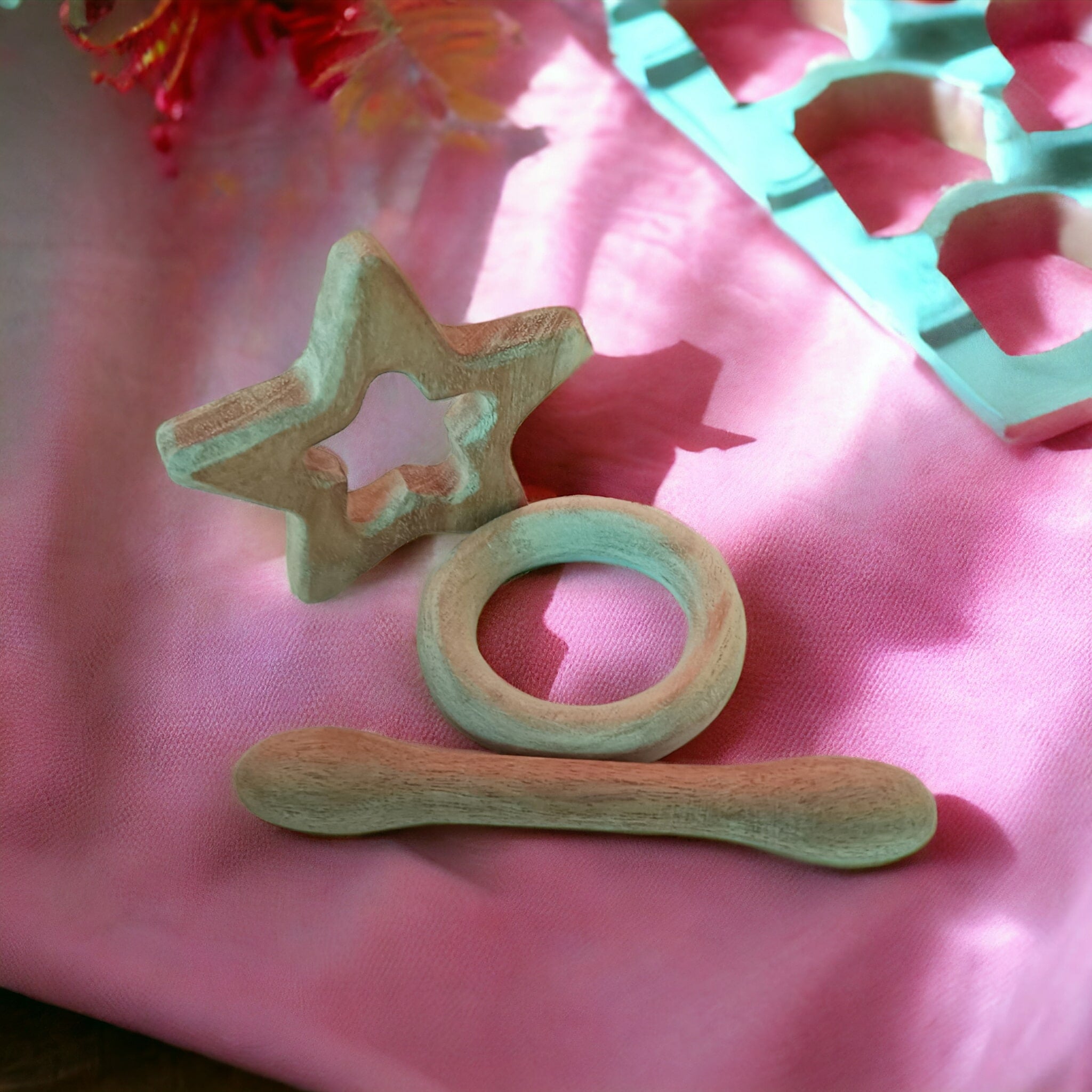Organic Neem Wooden Teething Toys – Star, Dumbbell & Ring Shapes – Baby Teethers & Soothers on Brown Living™. SKU: T_STR-DBL-RNG. Img 1.