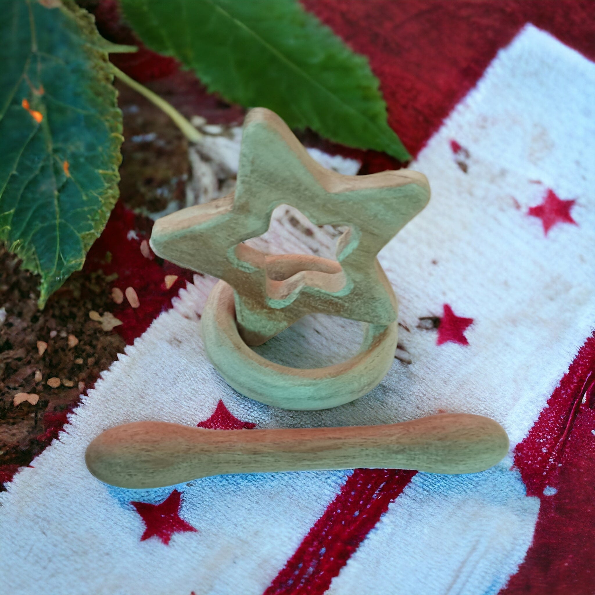 Organic Neem Wooden Teething Toys – Star, Dumbbell & Ring Shapes – Baby Teethers & Soothers on Brown Living™. SKU: T_STR-DBL-RNG. Img 3.