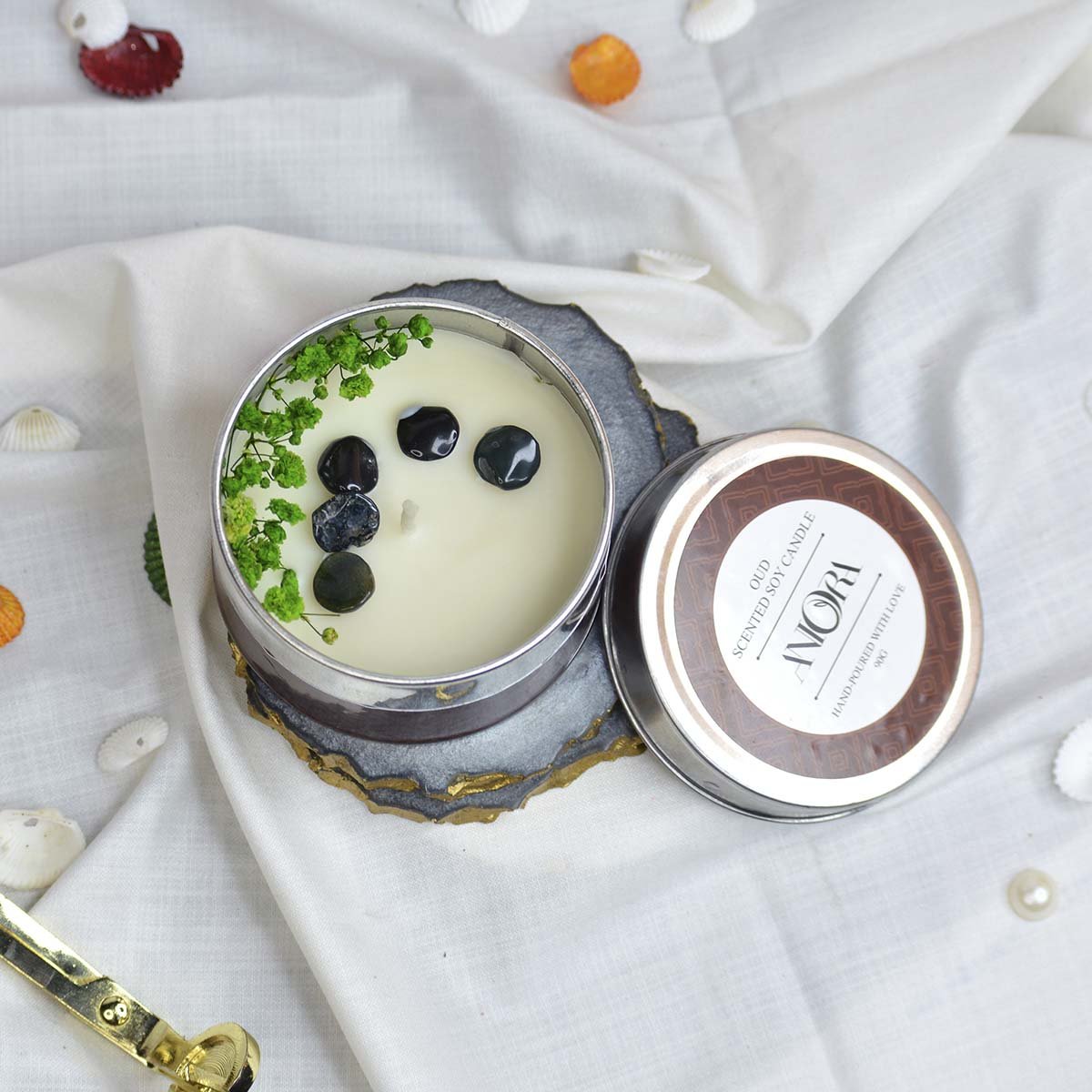 Oud Scented Soy Wax Candle in Tin with Flowers and Stones | Verified Sustainable by Brown Living™