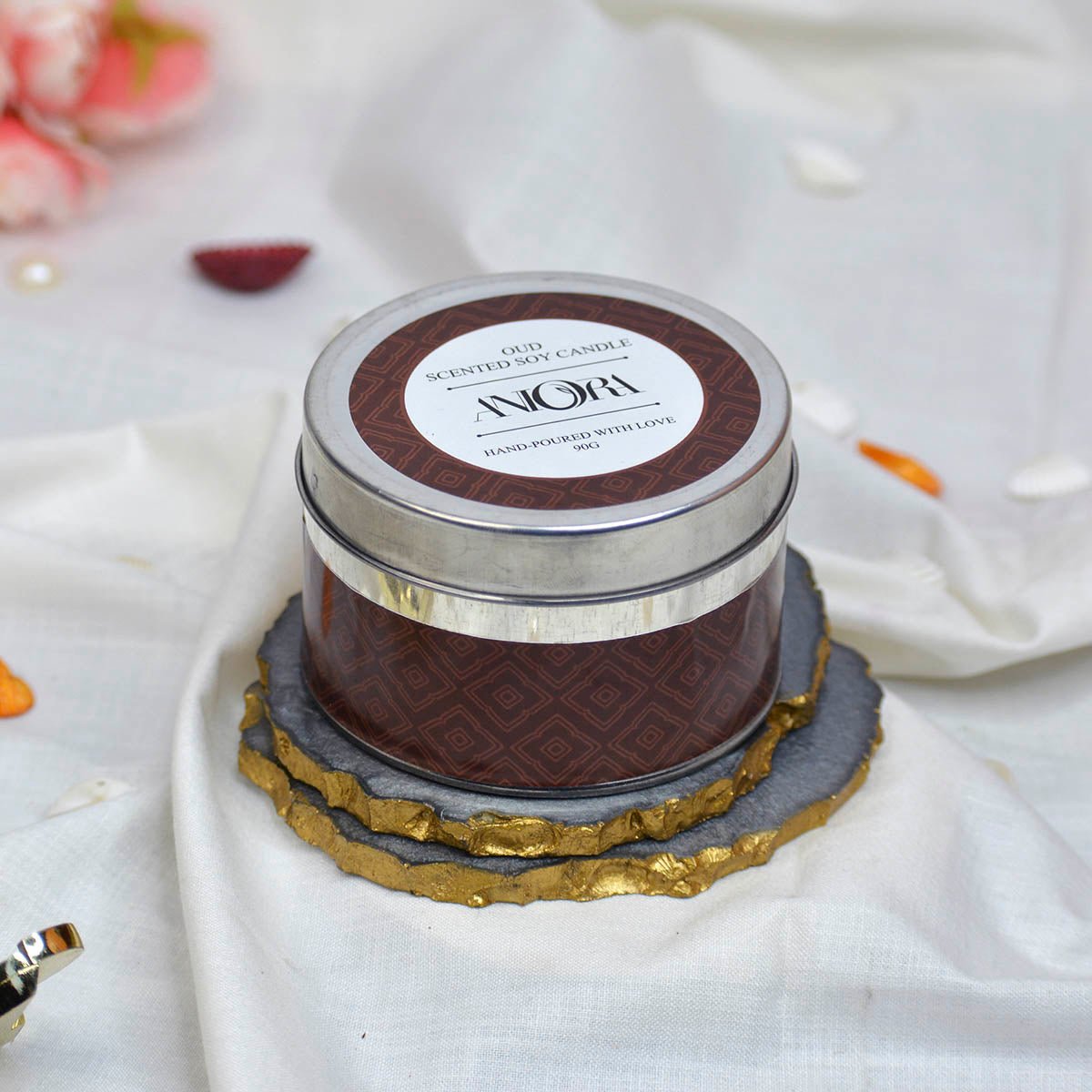 Oud Scented Soy Wax Candle in Tin with Flowers and Stones | Verified Sustainable by Brown Living™