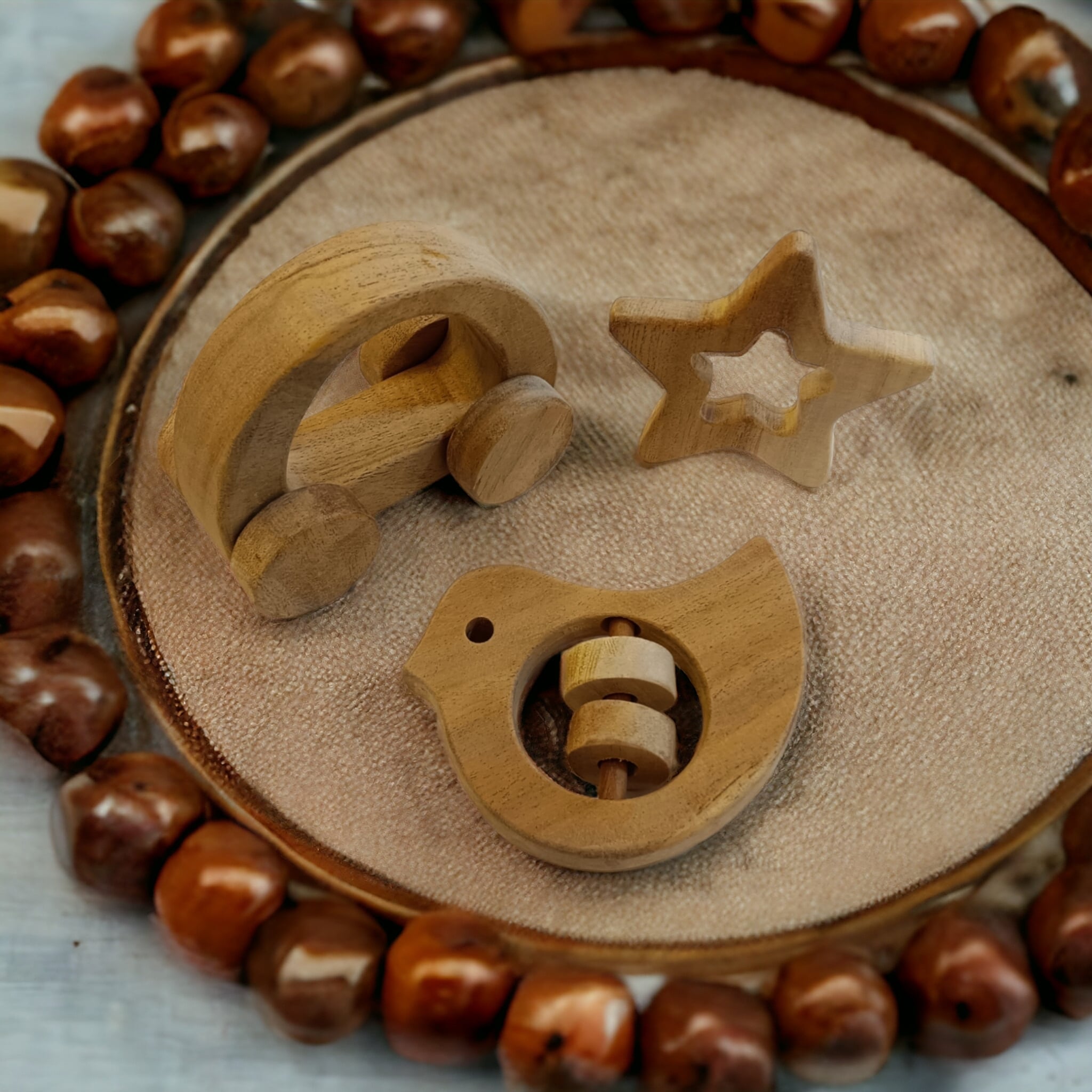 Pack Of 3 Neem Wooden Wheel Toy, Rattle & Teether For Babies – Wooden Toys on Brown Living™. SKU: WRT_HCR-DV-STR. Img 4.