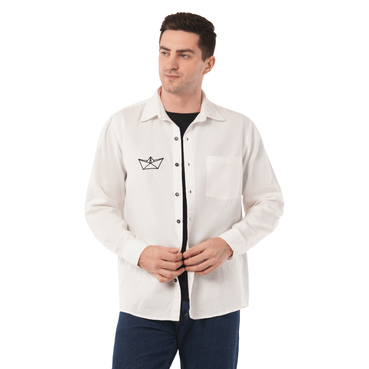 Paper Boat | Embroidery | Hemp Cotton Sustainable Shirt | Men – Men Shirt on Brown Living™. SKU: PaperBoat-S. Img 1.
